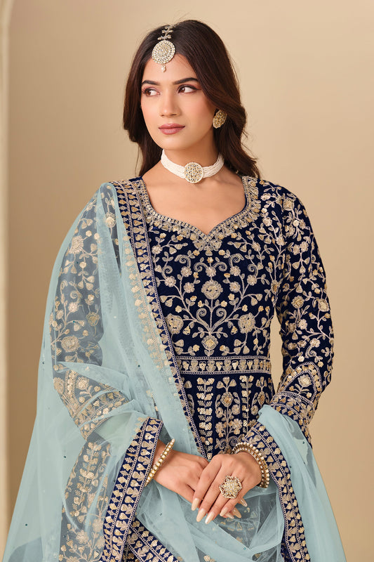 Blue Embroidered Velvet Gown With Dupatta-SAR11578_2_SareeButa.com