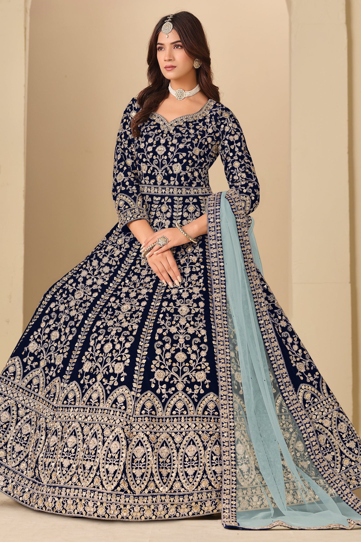 Blue Embroidered Velvet Gown With Dupatta-SAR11578_3_SareeButa.com