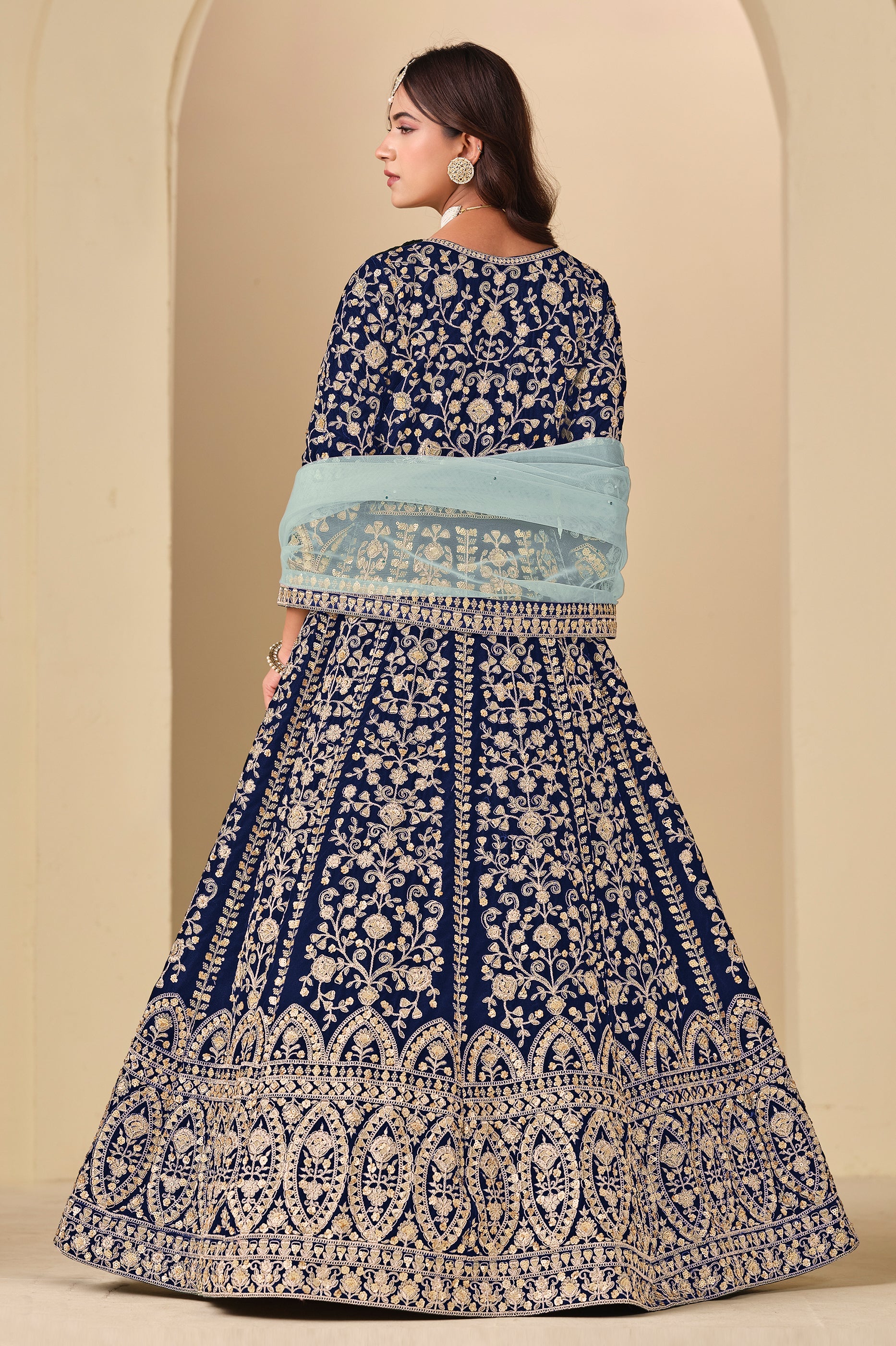 Blue Embroidered Velvet Gown With Dupatta-SAR11578_4_SareeButa.com