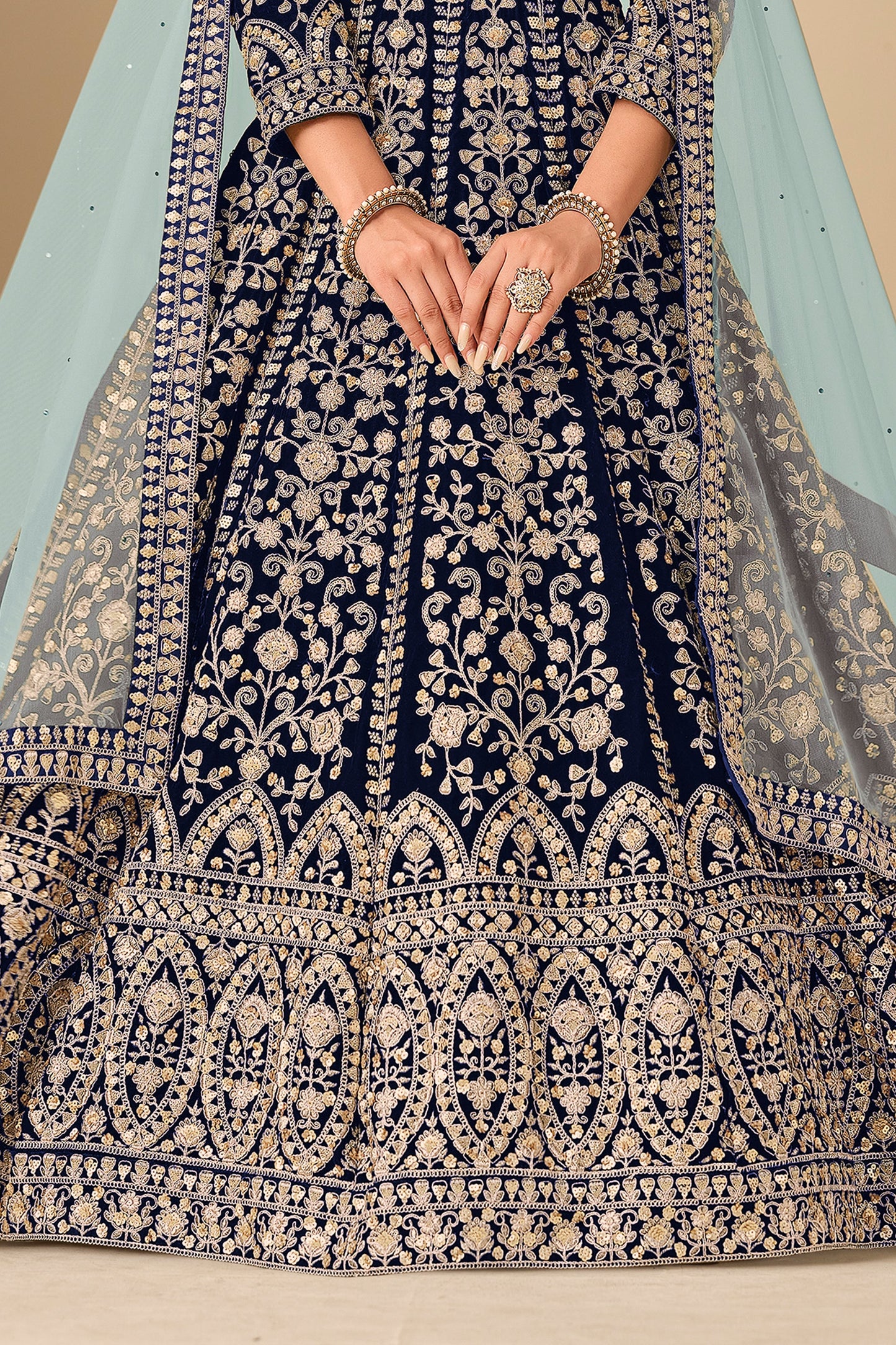 Blue Embroidered Velvet Gown With Dupatta-SAR11578_5_SareeButa.com