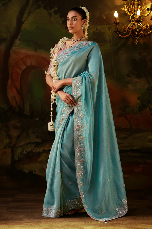 Blue Embroidered Viscose Tissue Saree-SAR13250_1_SareeButa.com