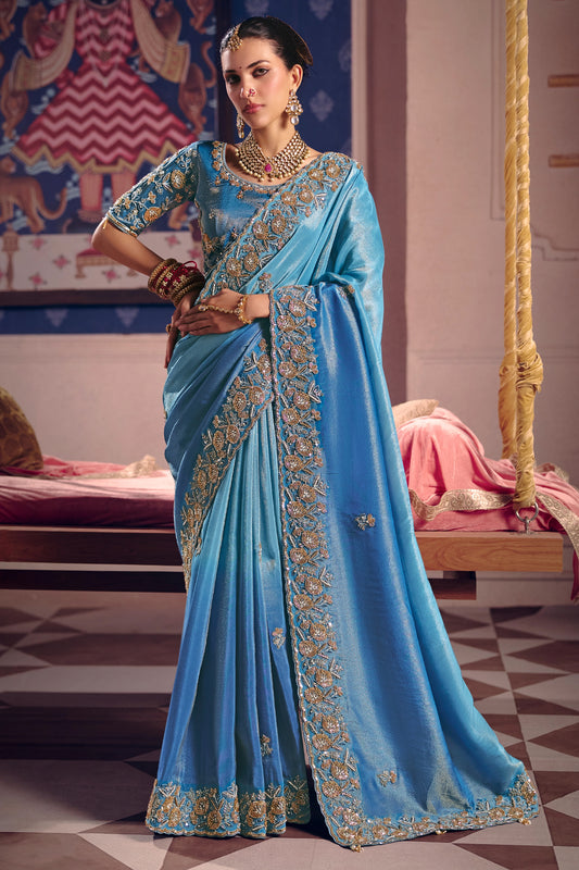 Blue Embroidered Viscose Zari Tissue Saree-SAR12593_1_SareeButa.com