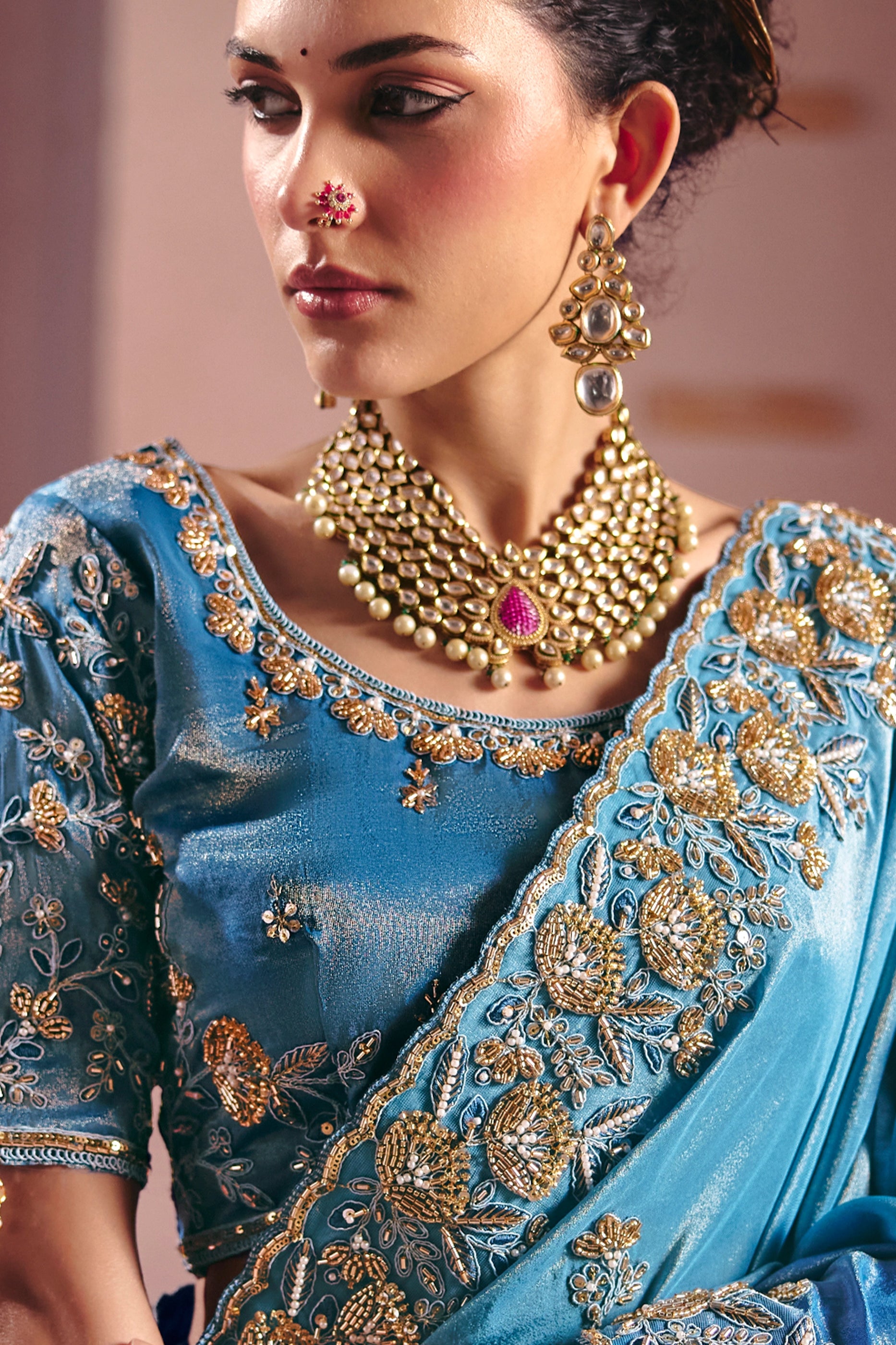 Blue Embroidered Viscose Zari Tissue Saree-SAR12593_2_SareeButa.com