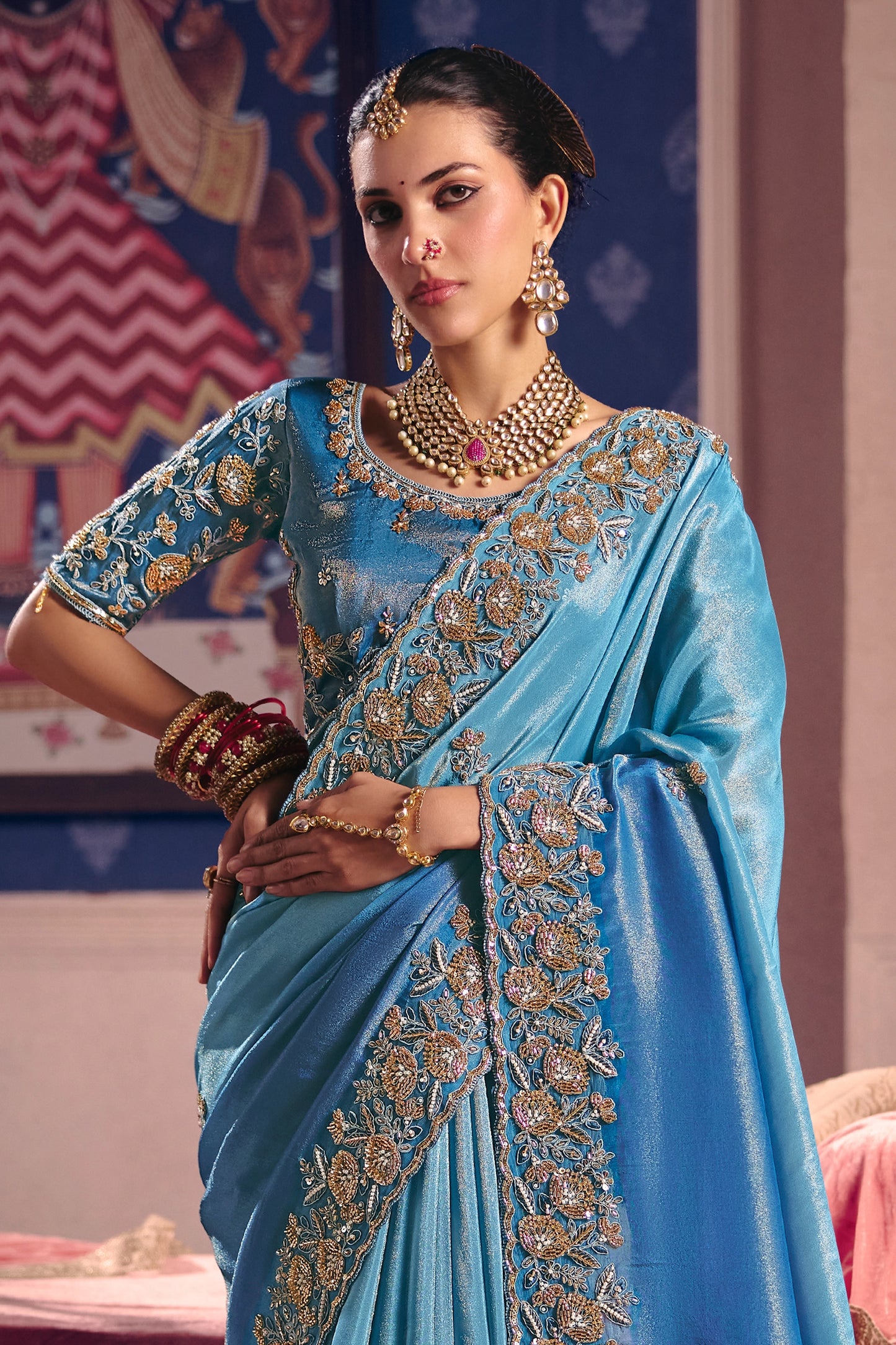 Blue Embroidered Viscose Zari Tissue Saree-SAR12593_4_SareeButa.com