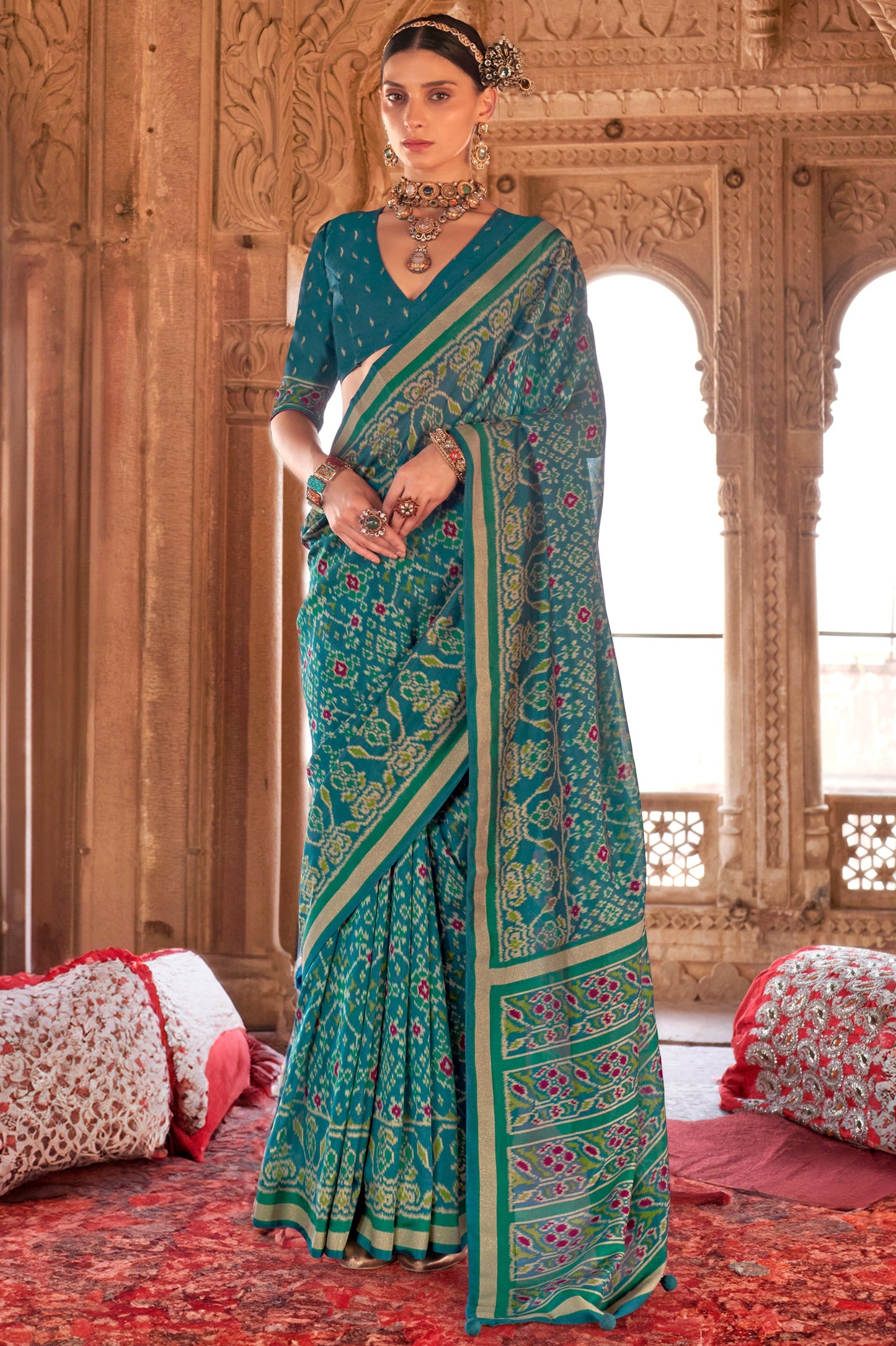 Teal Blue Georgette Patola Saree-ZB134185_1_SareeButa.com