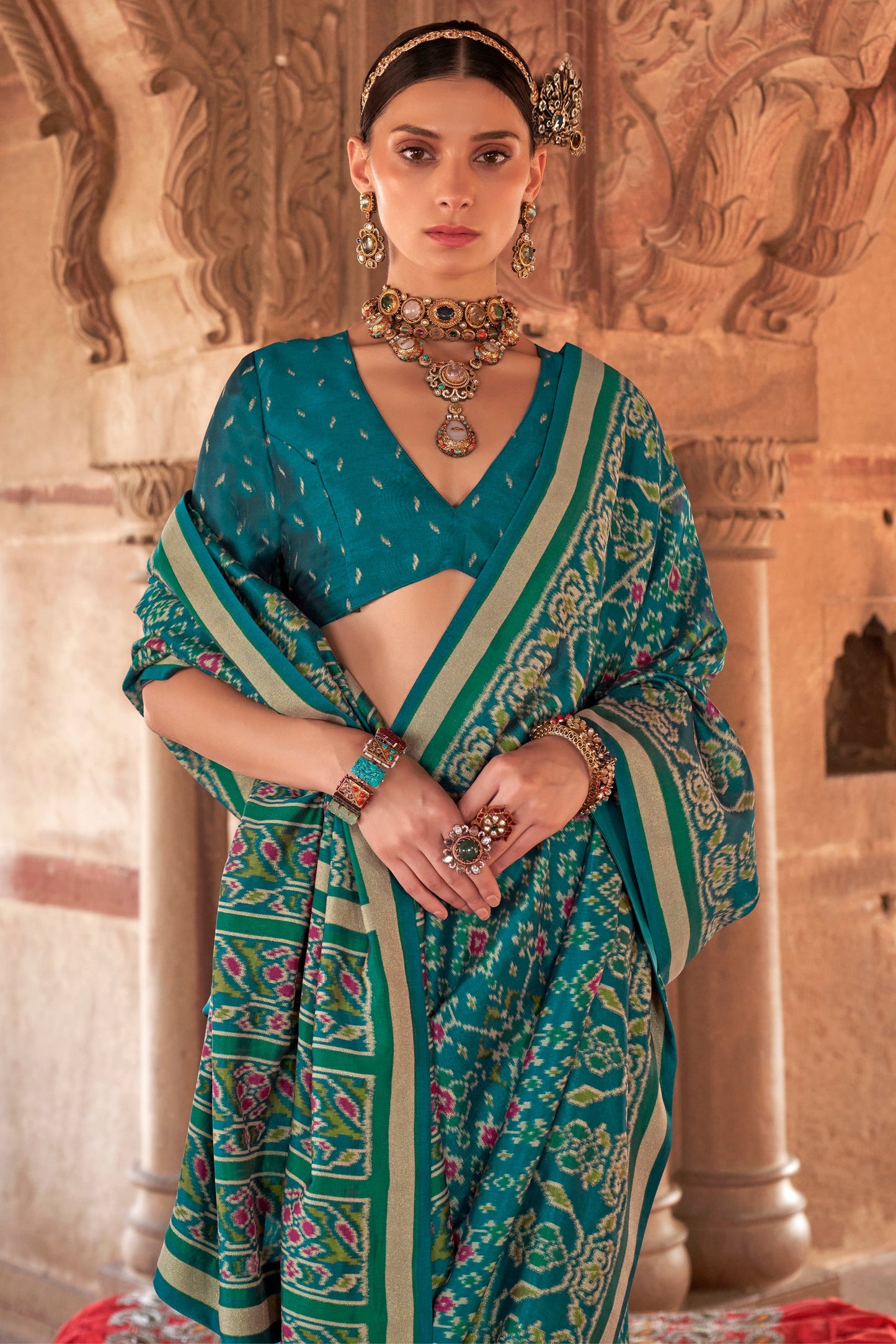 Teal Blue Georgette Patola Saree-ZB134185_2_SareeButa.com