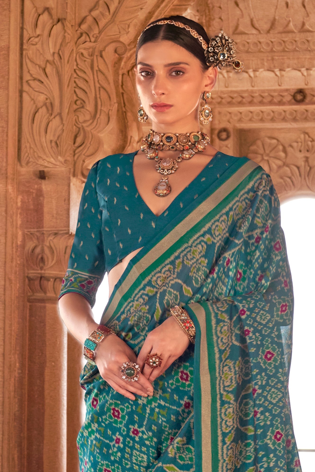 Teal Blue Georgette Patola Saree-ZB134185_3_SareeButa.com