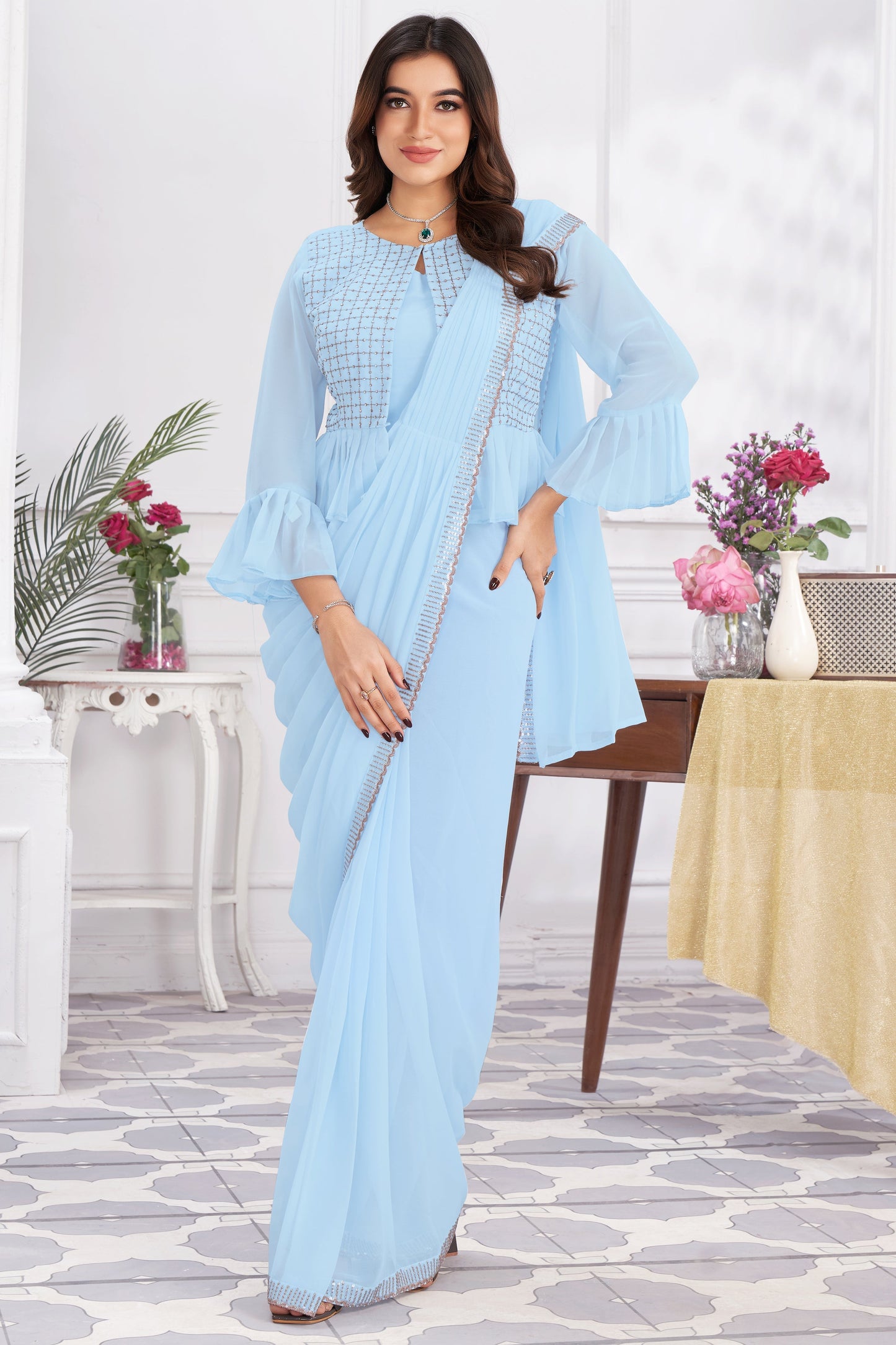 Blue Georgette Readymade Saree With Stitched Blouse-ZB133676_1_SareeButa.com