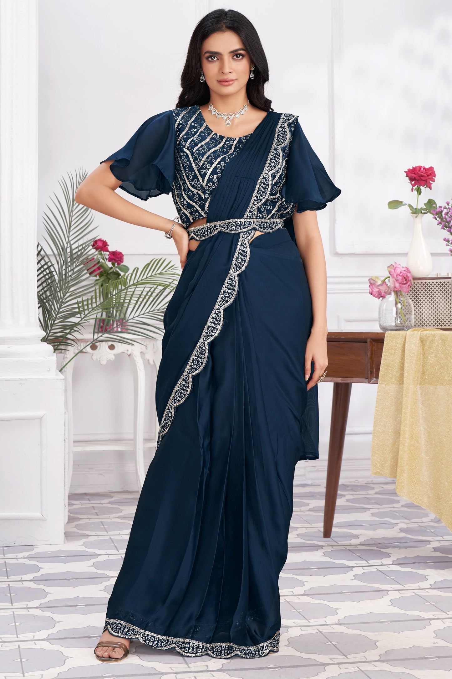 Blue Georgette Readymade Saree With Stitched Blouse-ZB133680_1_SareeButa.com