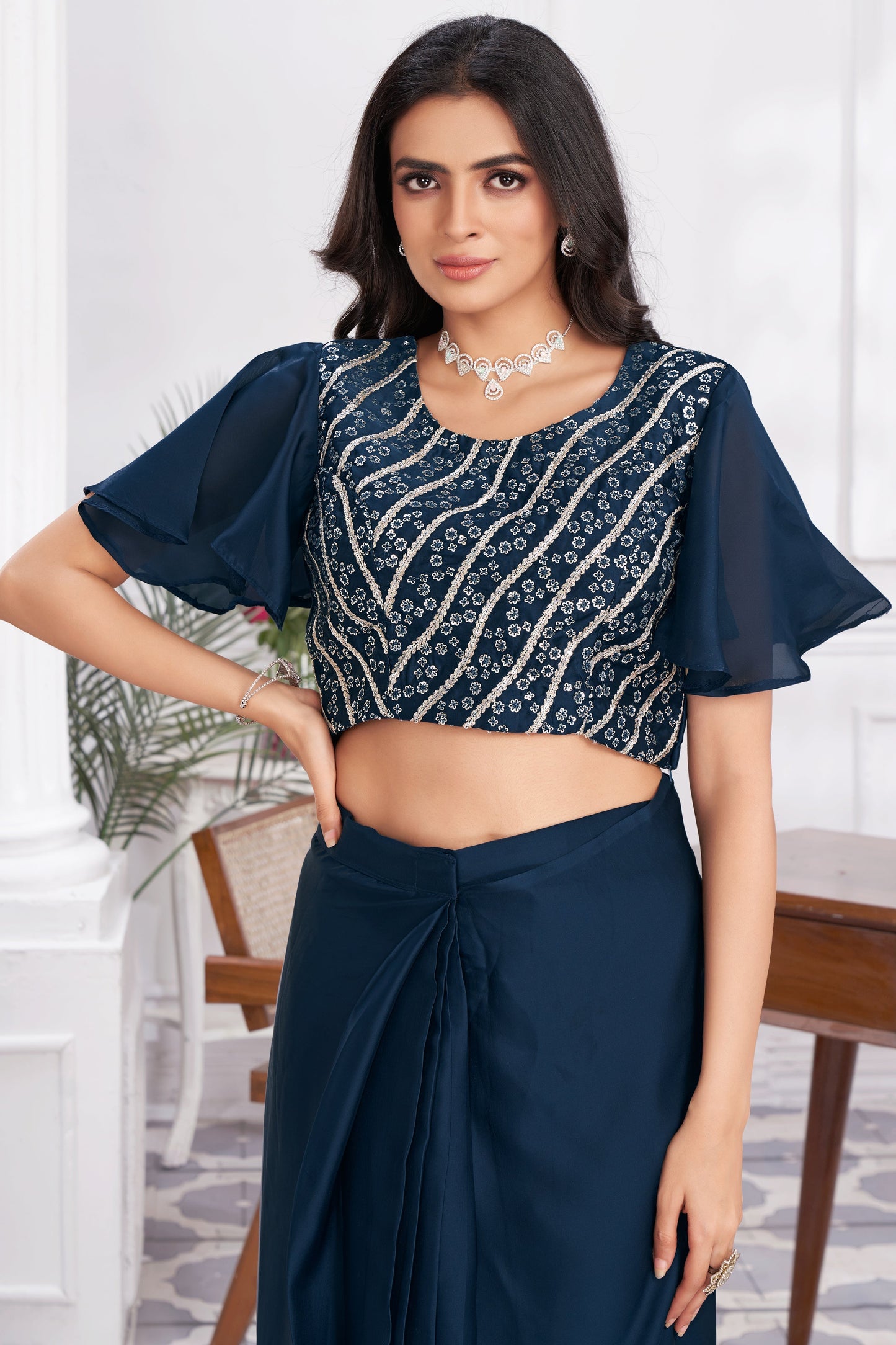 Blue Georgette Readymade Saree With Stitched Blouse-ZB133680_2_SareeButa.com