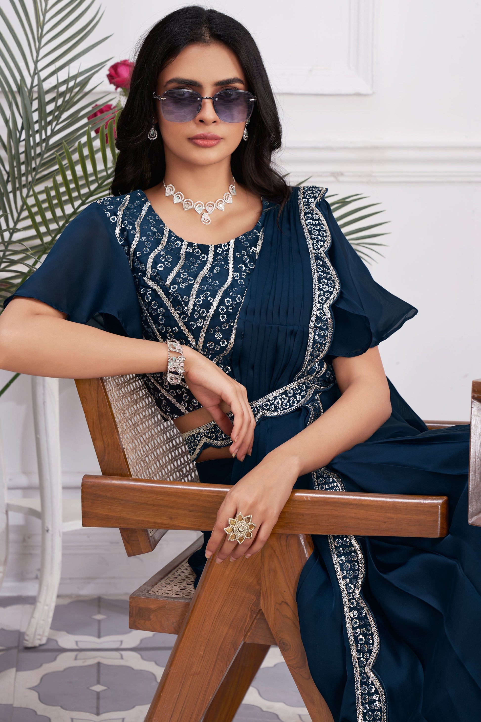 Blue Georgette Readymade Saree With Stitched Blouse-ZB133680_4_SareeButa.com