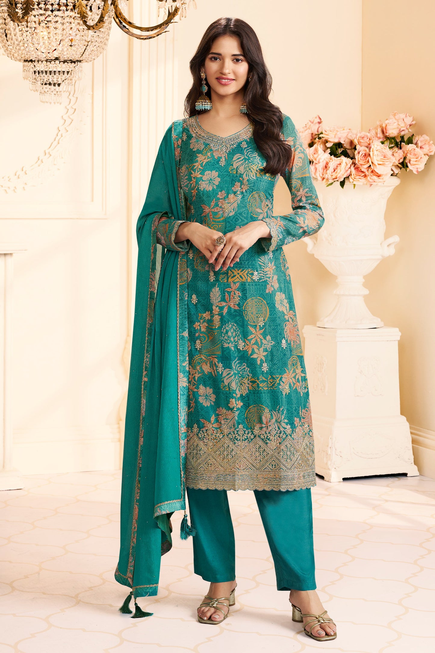 Blue Green Embroidered Chinon Suit-SAR11511_1_SareeButa.com