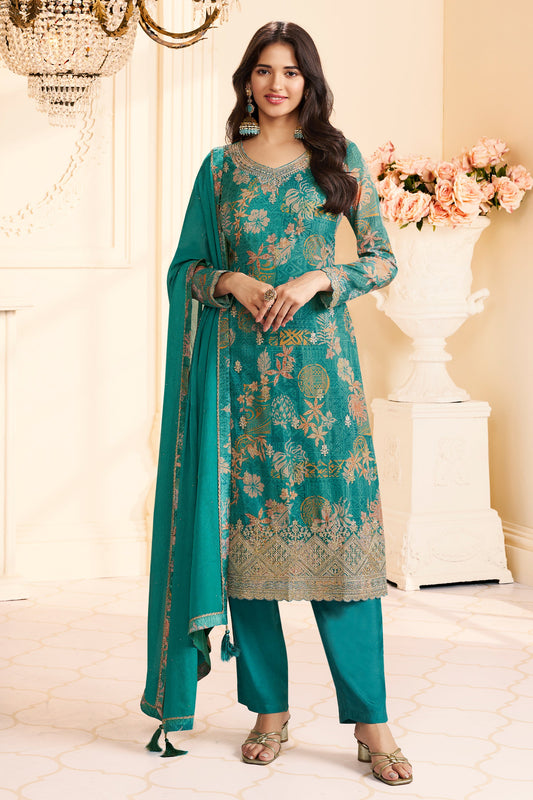 Blue Green Embroidered Chinon Suit-SAR11511_1_SareeButa.com