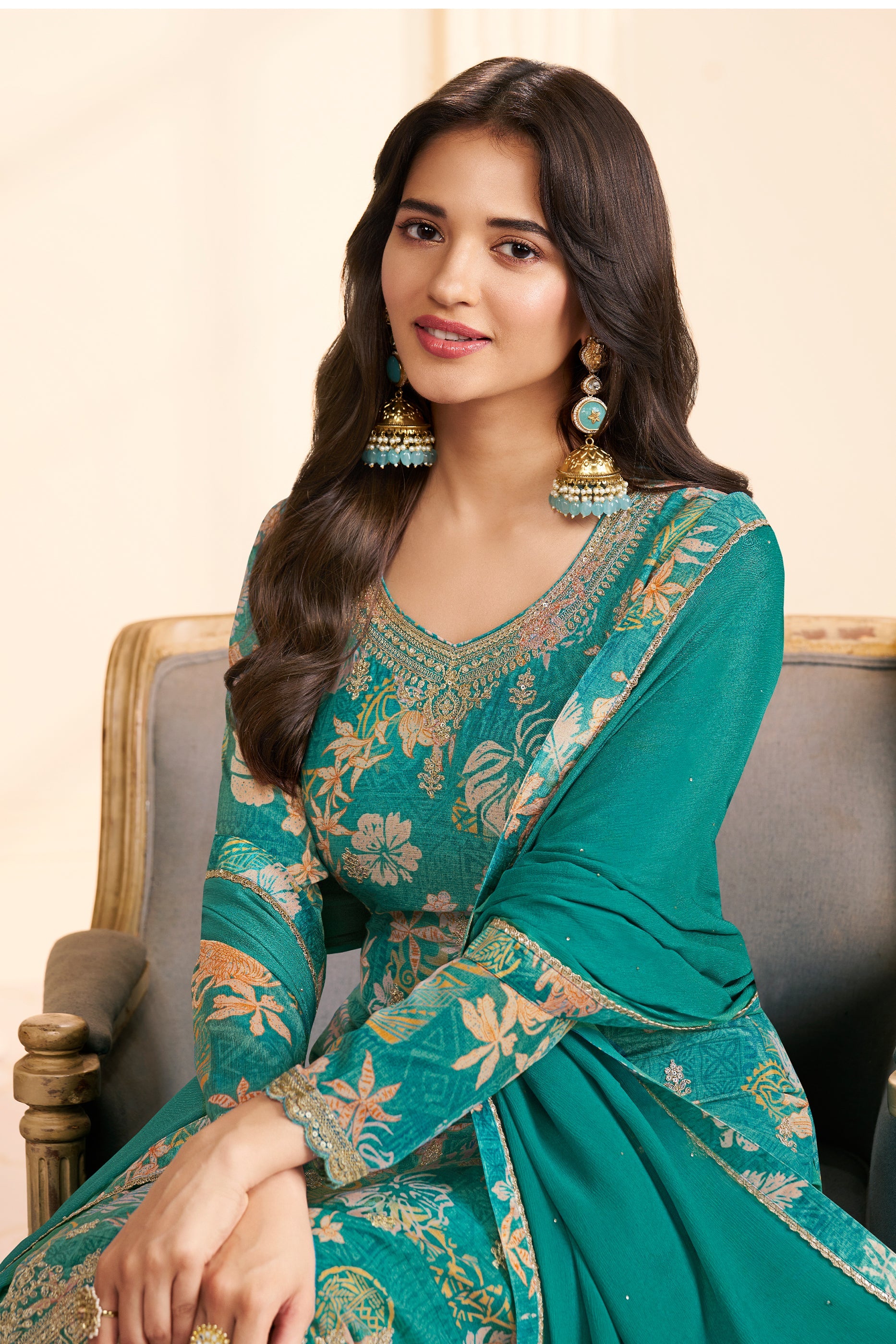 Blue Green Embroidered Chinon Suit-SAR11511_2_SareeButa.com