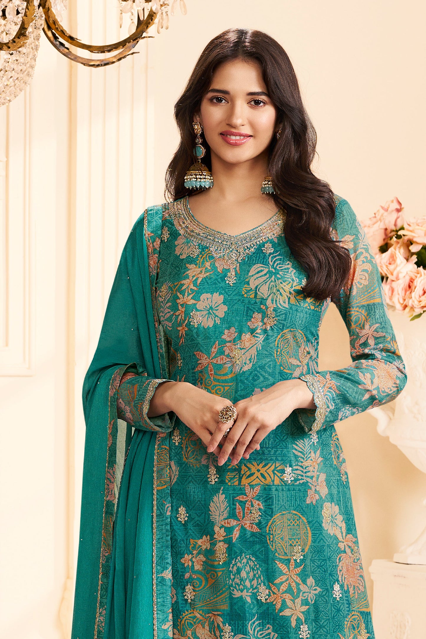 Blue Green Embroidered Chinon Suit-SAR11511_3_SareeButa.com