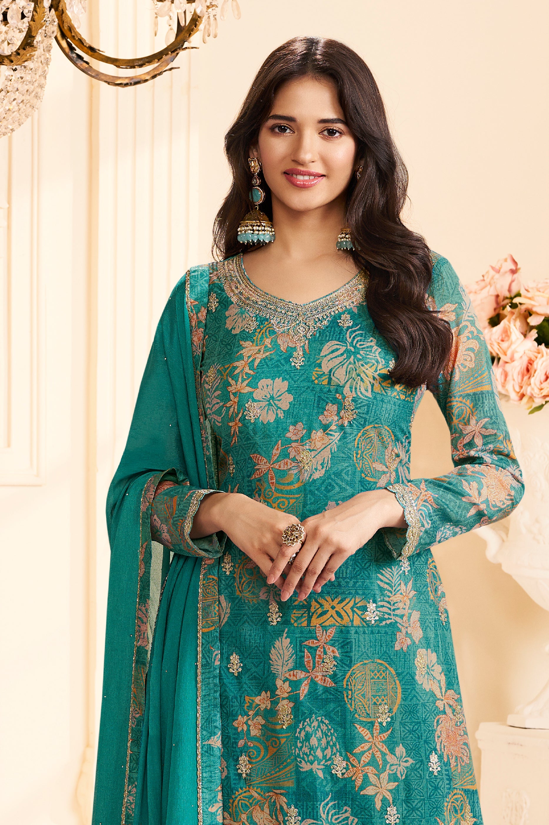 Blue Green Embroidered Chinon Suit-SAR11511_3_SareeButa.com