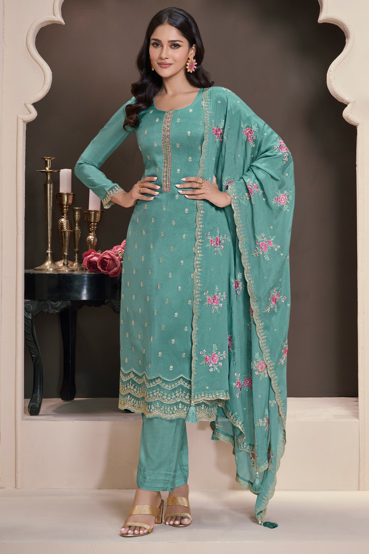 Blue Green Embroidered Munga Silk Suit-SAR11743_1_SareeButa.com