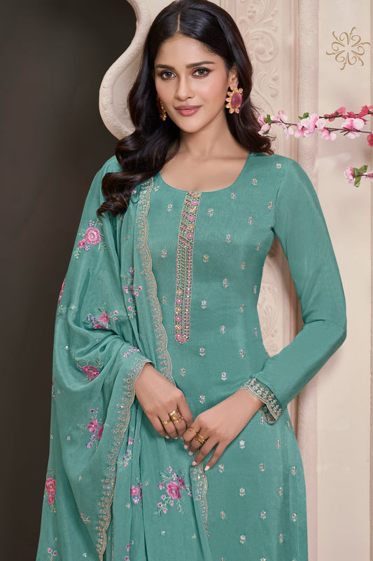 Blue Green Embroidered Munga Silk Suit-SAR11743_2_SareeButa.com