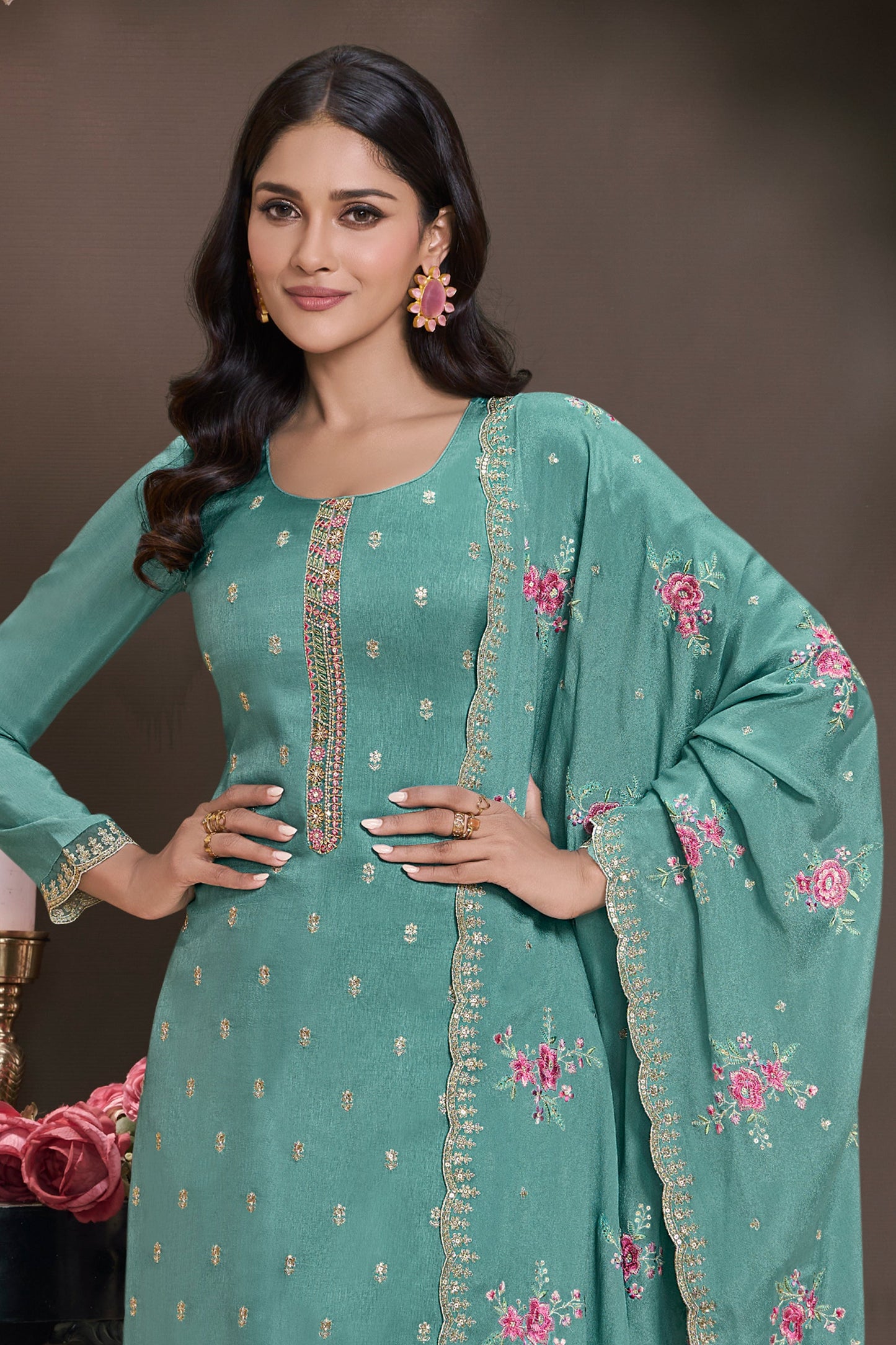 Blue Green Embroidered Munga Silk Suit-SAR11743_3_SareeButa.com