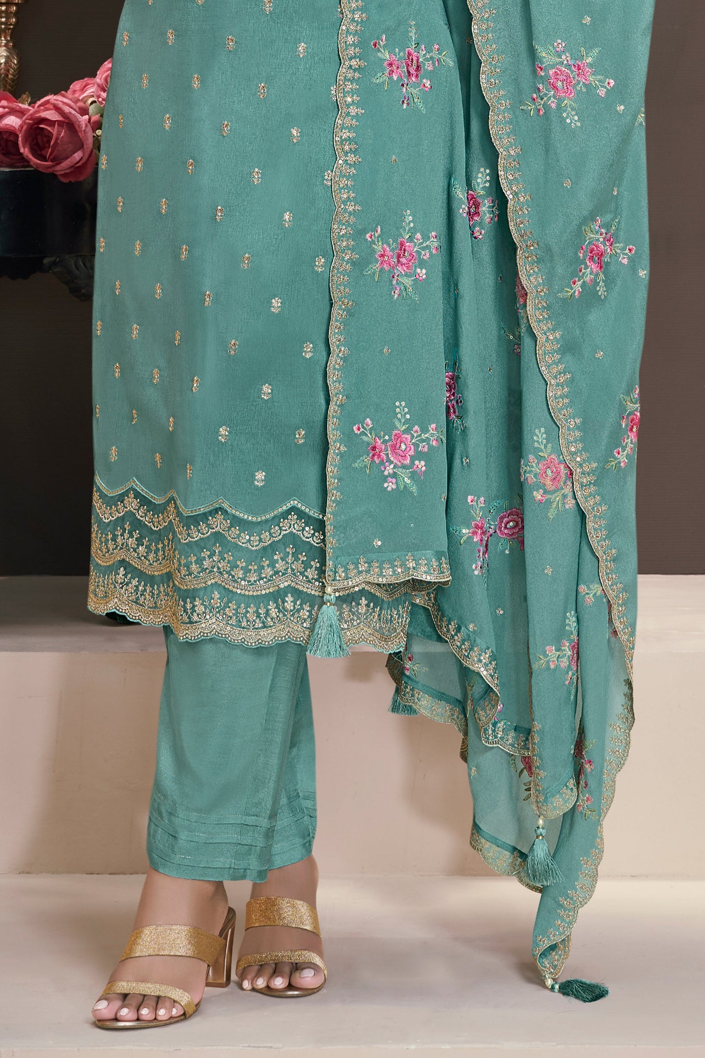 Blue Green Embroidered Munga Silk Suit-SAR11743_4_SareeButa.com
