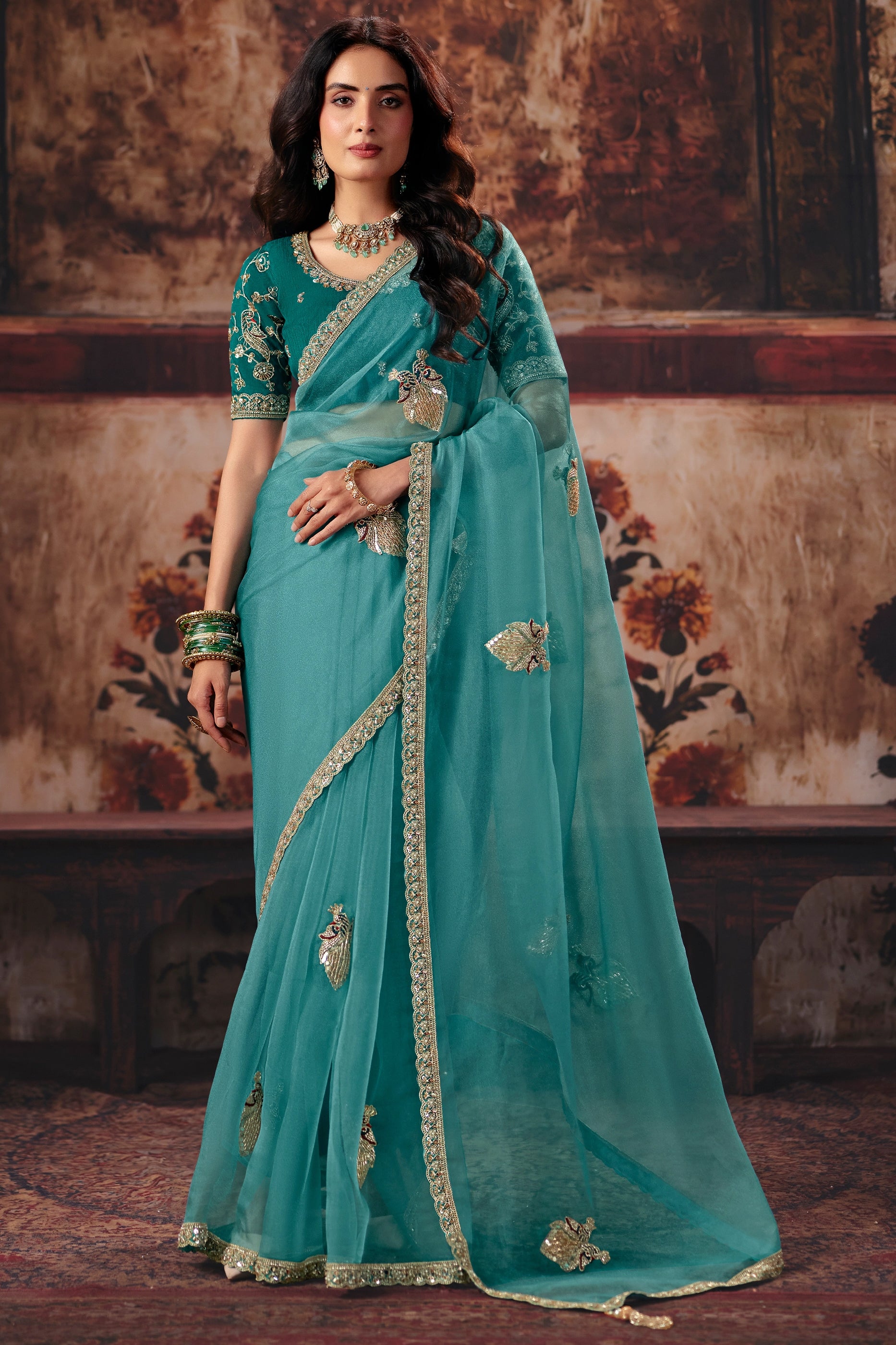 Blue Green Embroidered Organza Saree-SAR13199_1_SareeButa.com