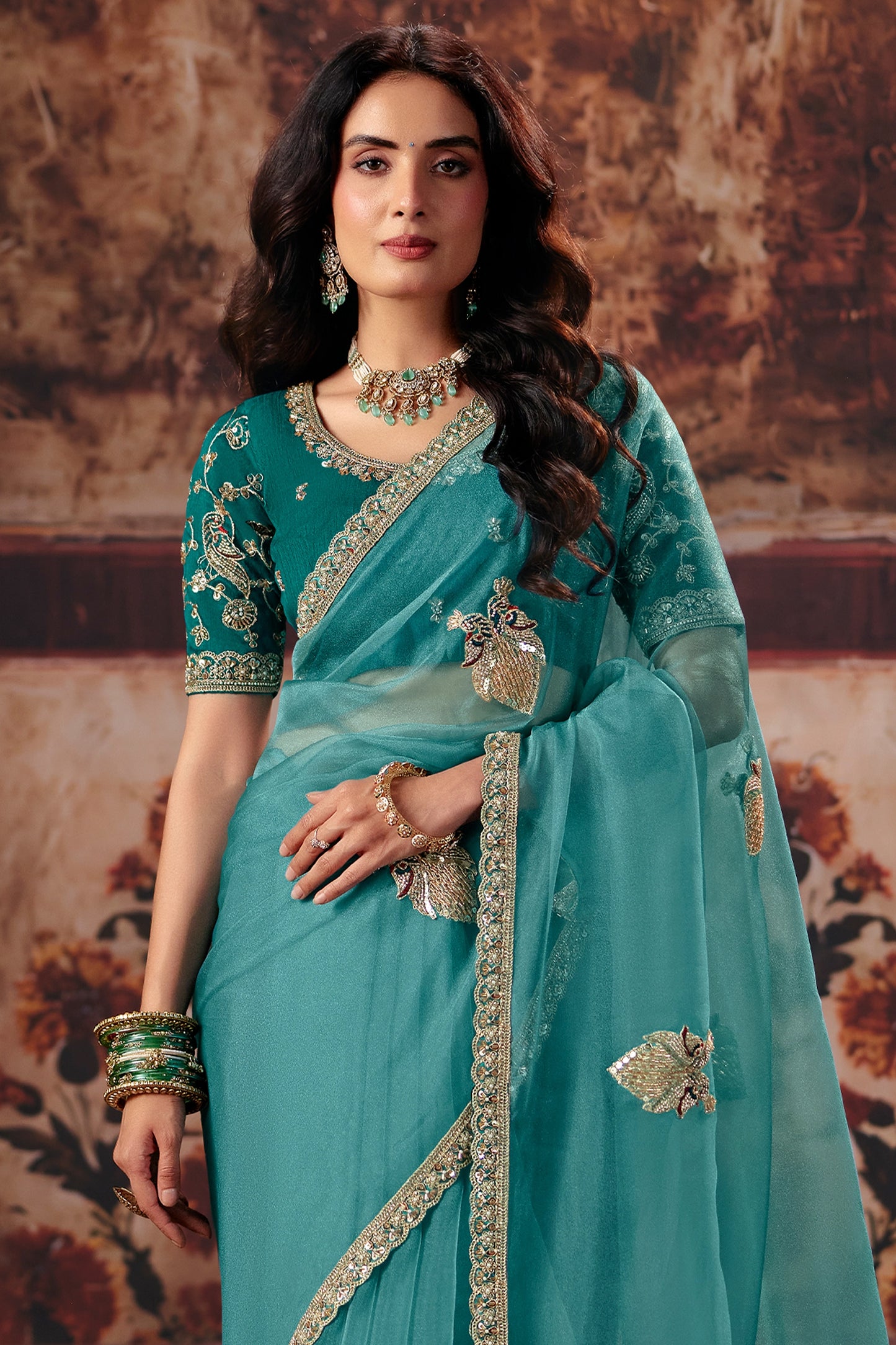 Blue Green Embroidered Organza Saree-SAR13199_4_SareeButa.com