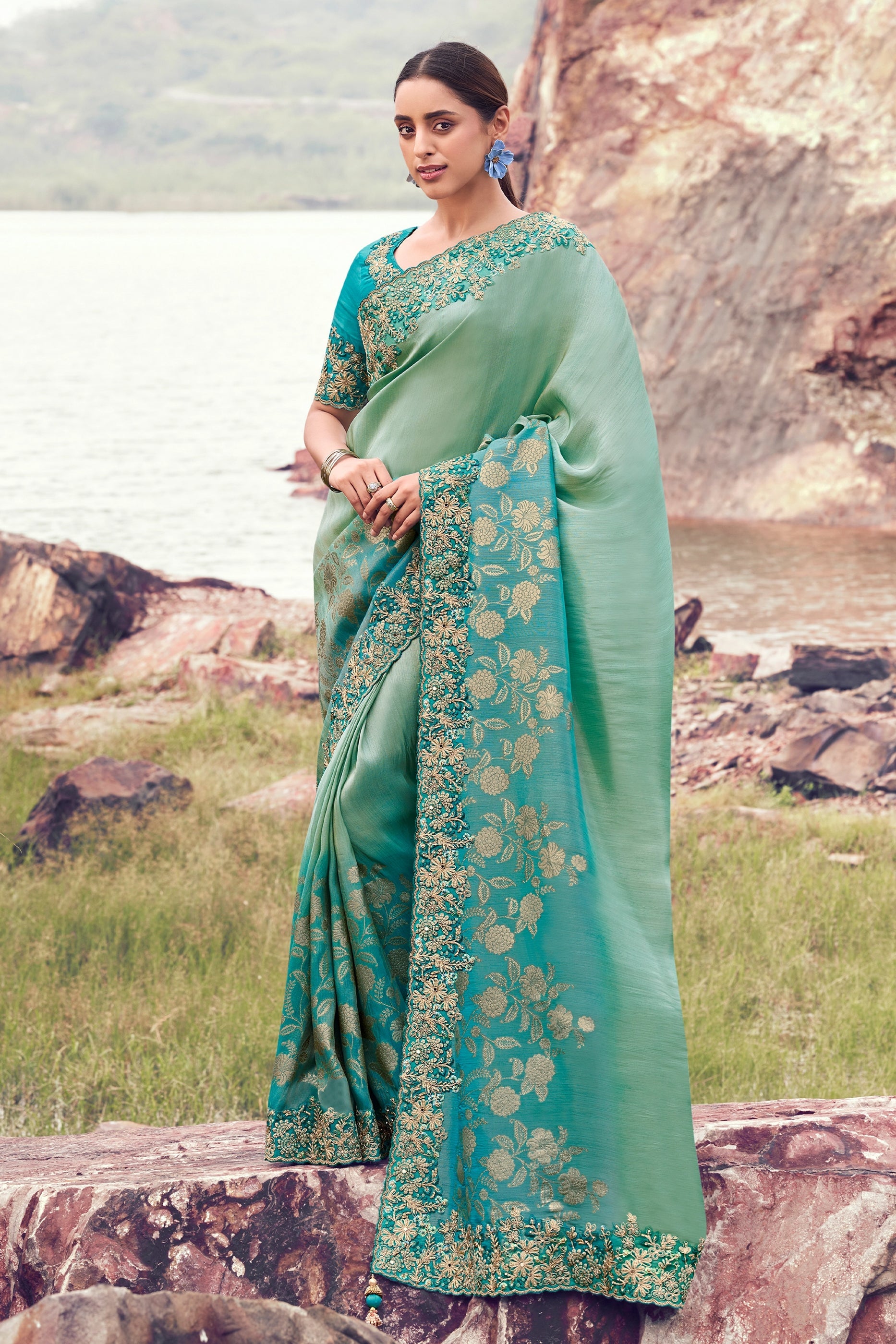 Blue Green Embroidered Woven Tissue Silk Saree-SAR11009_1_SareeButa.com