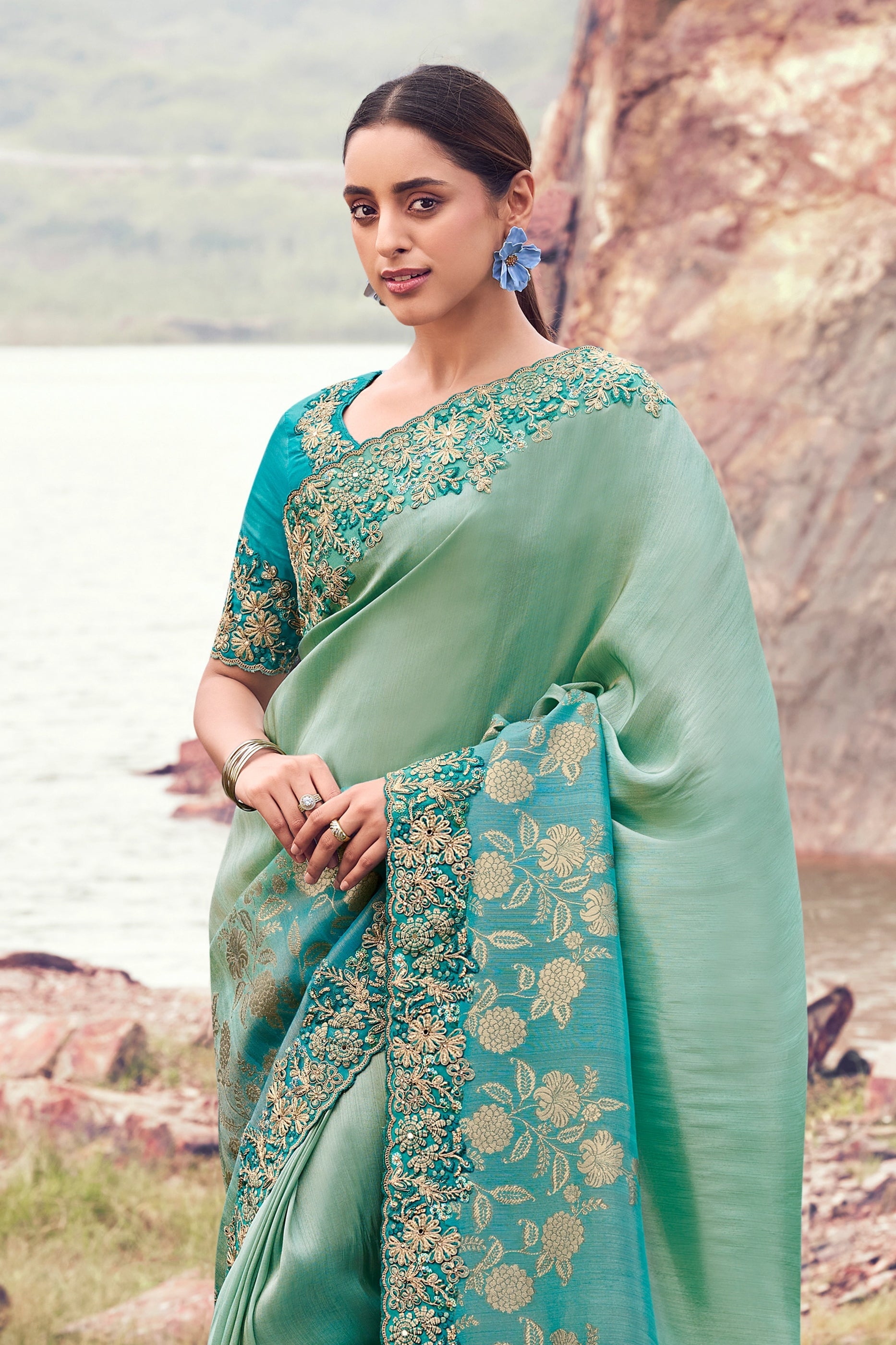 Blue Green Embroidered Woven Tissue Silk Saree-SAR11009_3_SareeButa.com