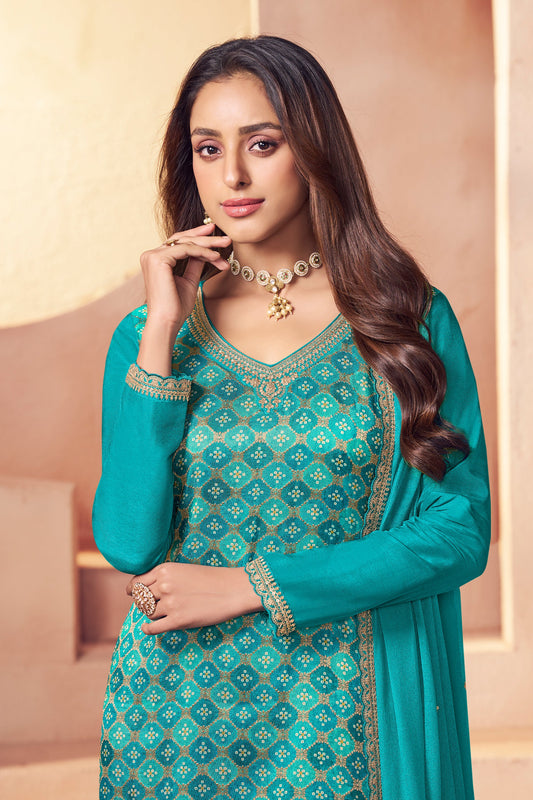 Blue Green Embroidered Jacquard Silk Suit-SAR11750_2_SareeButa.com