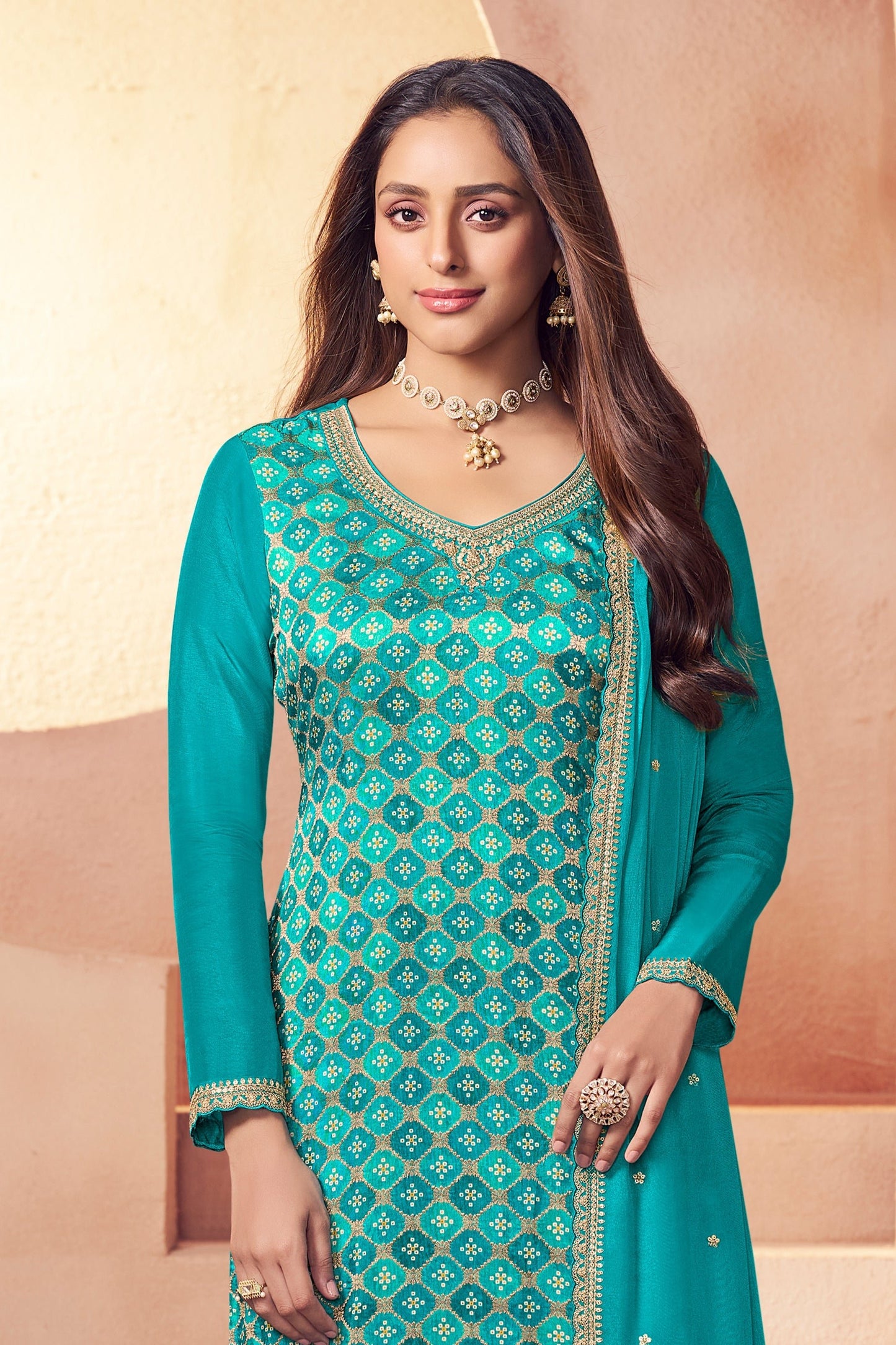 Blue Green Embroidered Jacquard Silk Suit-SAR11750_3_SareeButa.com