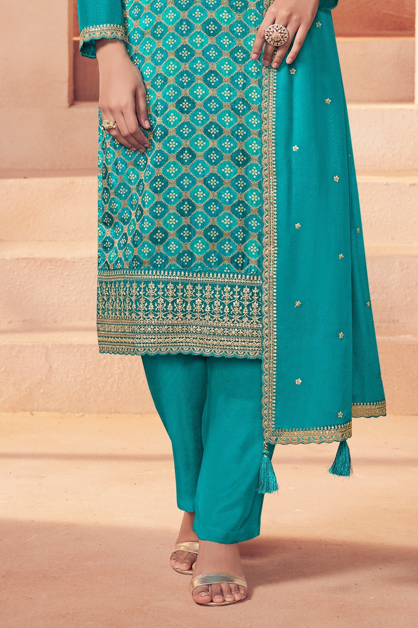 Blue Green Embroidered Jacquard Silk Suit-SAR11750_4_SareeButa.com