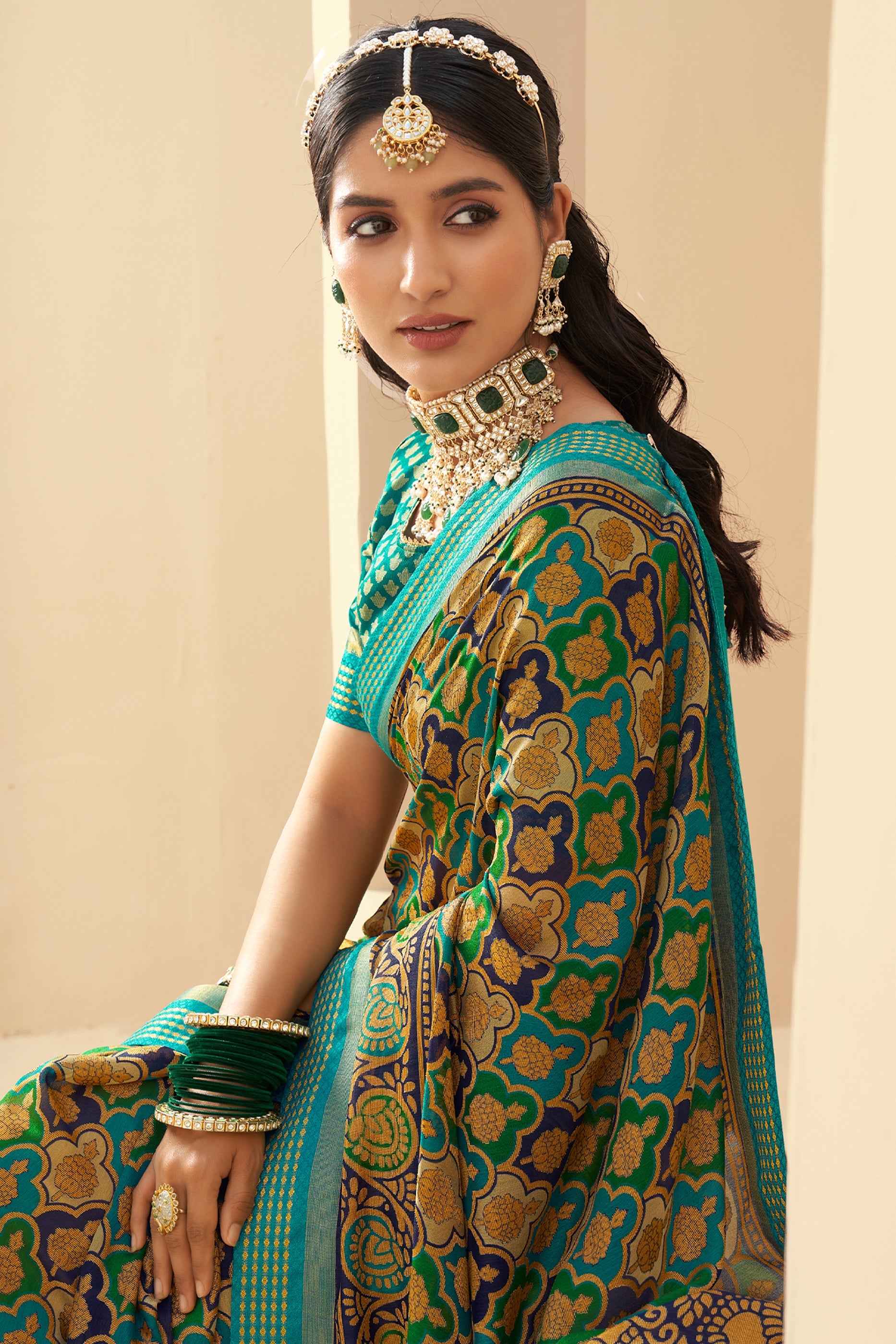 Blue Green Printed Georgette Saree-SAR10124_2_SareeButa.com