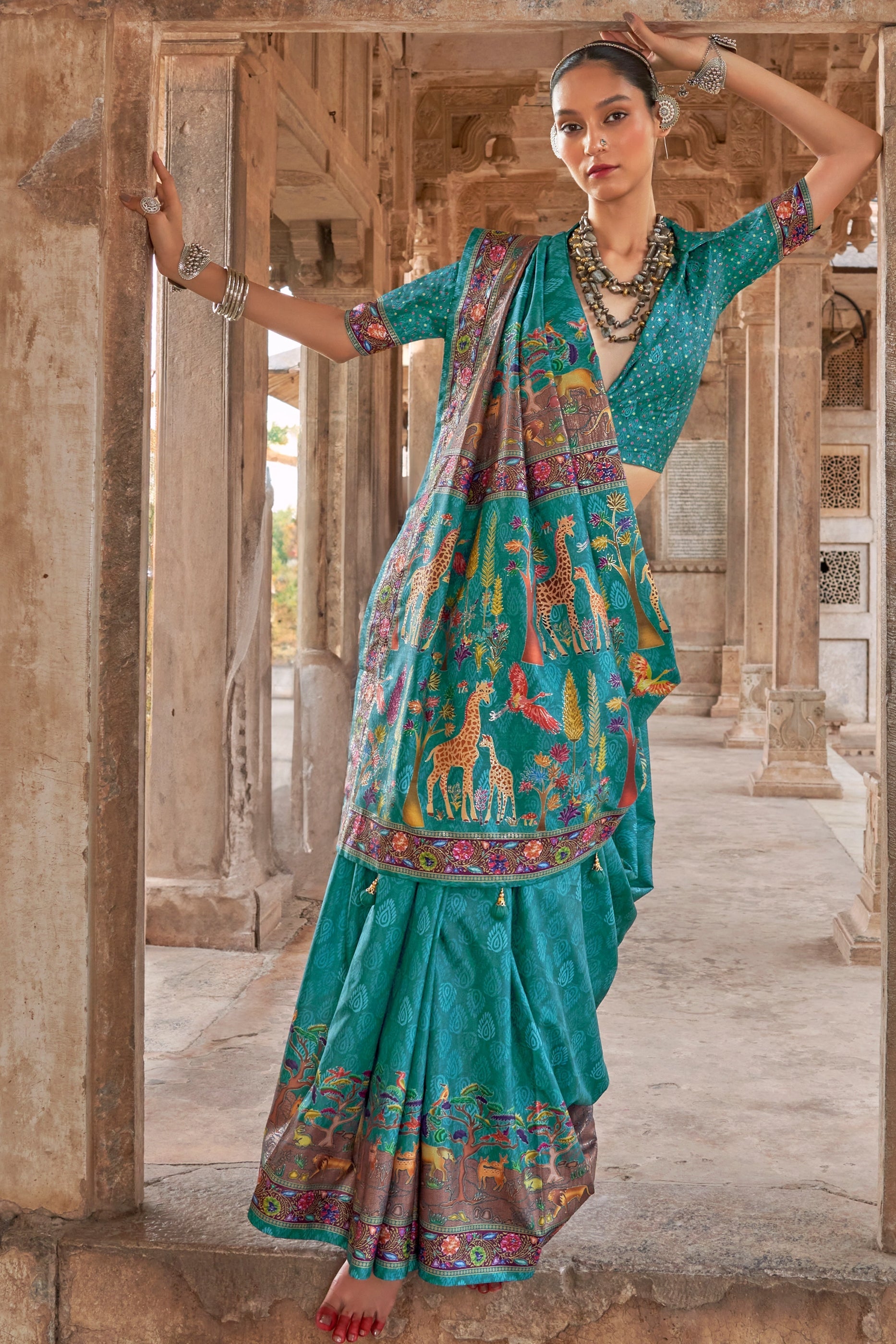 Blue Green Printed Viscose Silk Saree-SAR10414_1_SareeButa.com