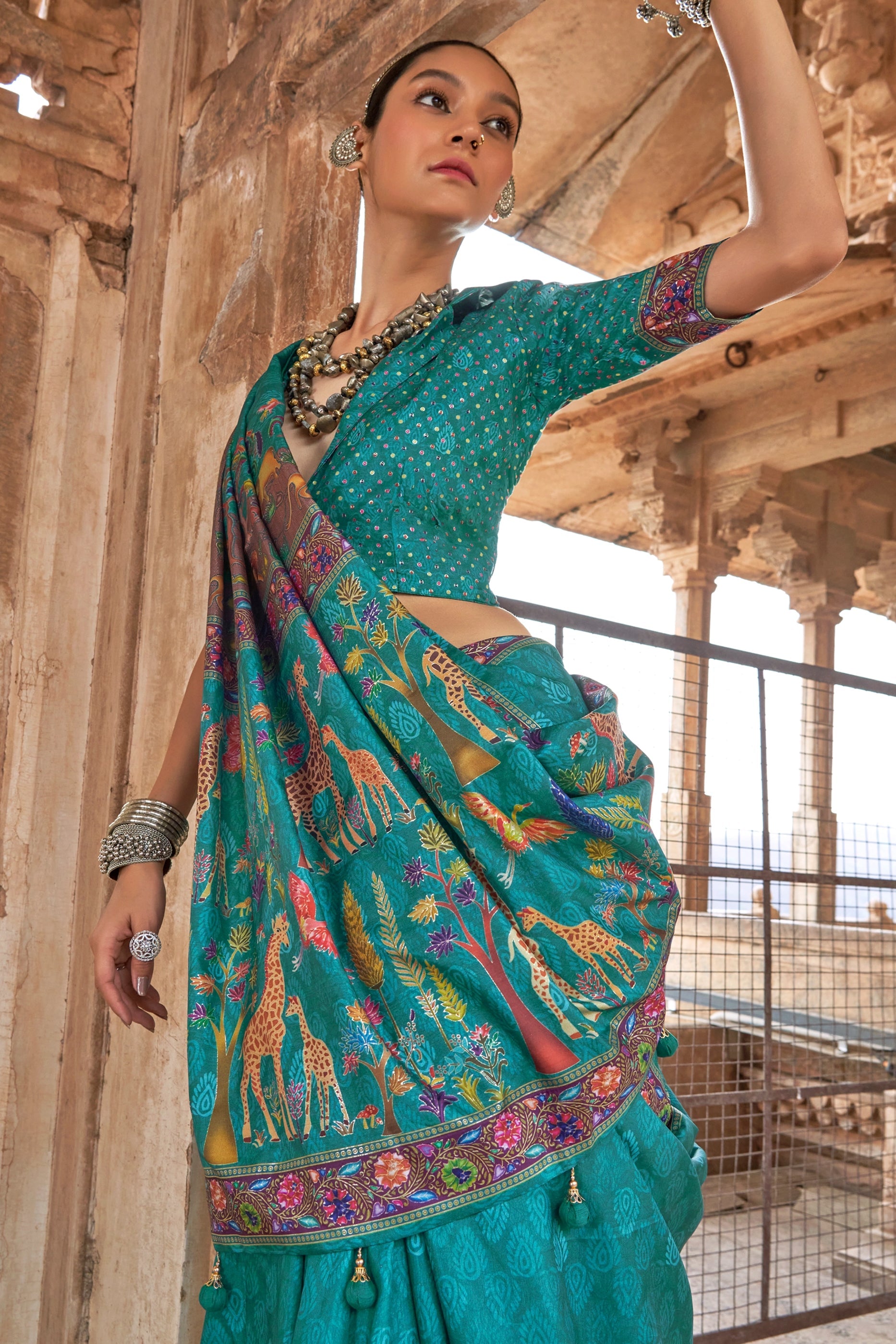 Blue Green Printed Viscose Silk Saree-SAR10414_2_SareeButa.com