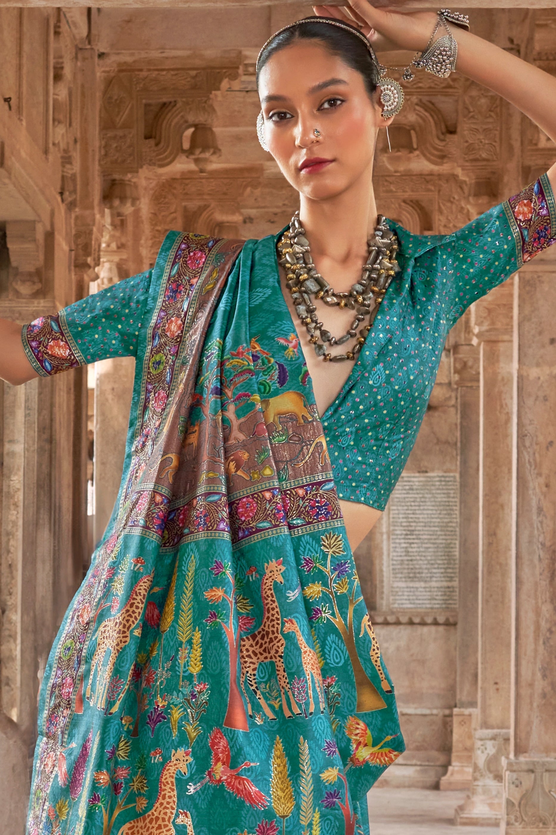 Blue Green Printed Viscose Silk Saree-SAR10414_3_SareeButa.com