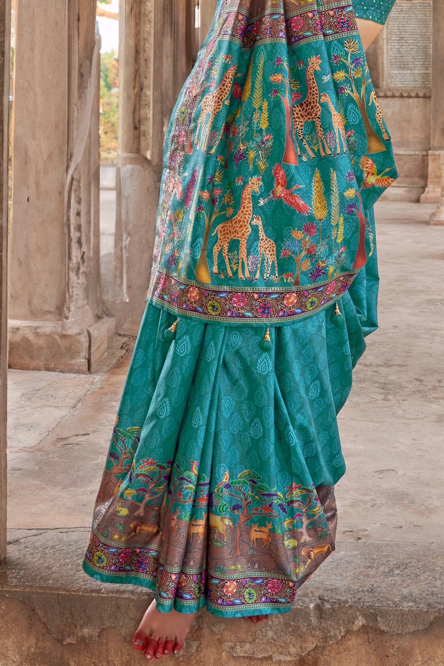 Blue Green Printed Viscose Silk Saree-SAR10414_4_SareeButa.com