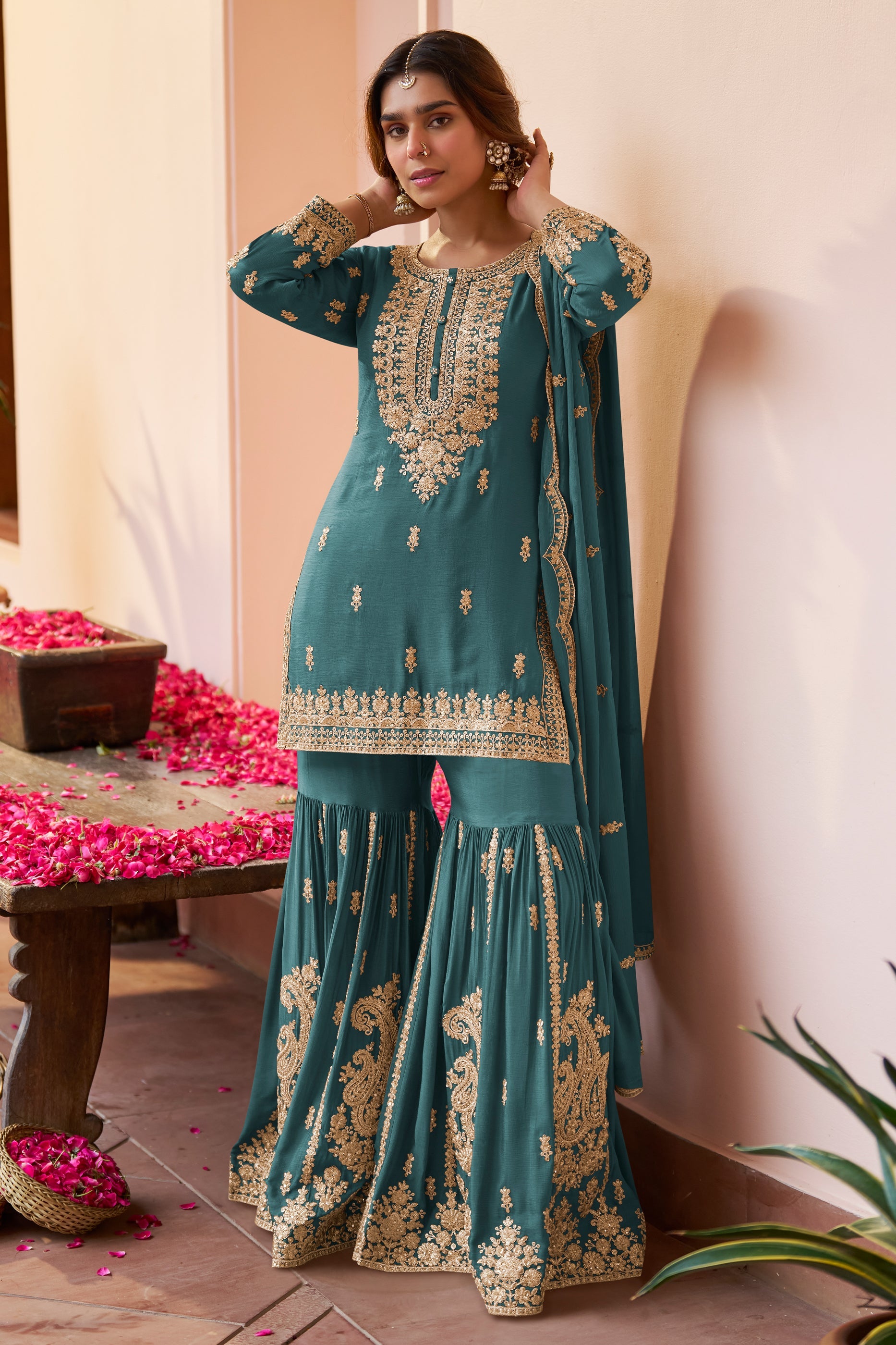 Blue Green Readymade Chinon Sharara Suit-SAR12119_1_SareeButa.com