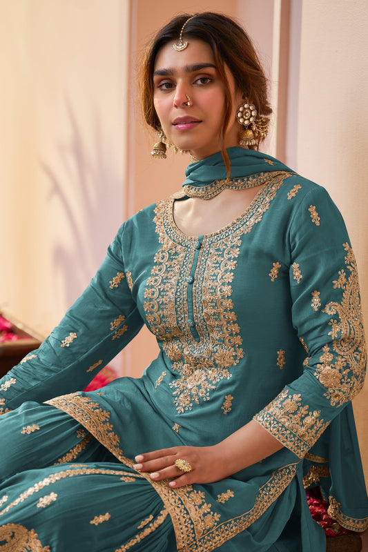 Blue Green Readymade Chinon Sharara Suit-SAR12119_2_SareeButa.com