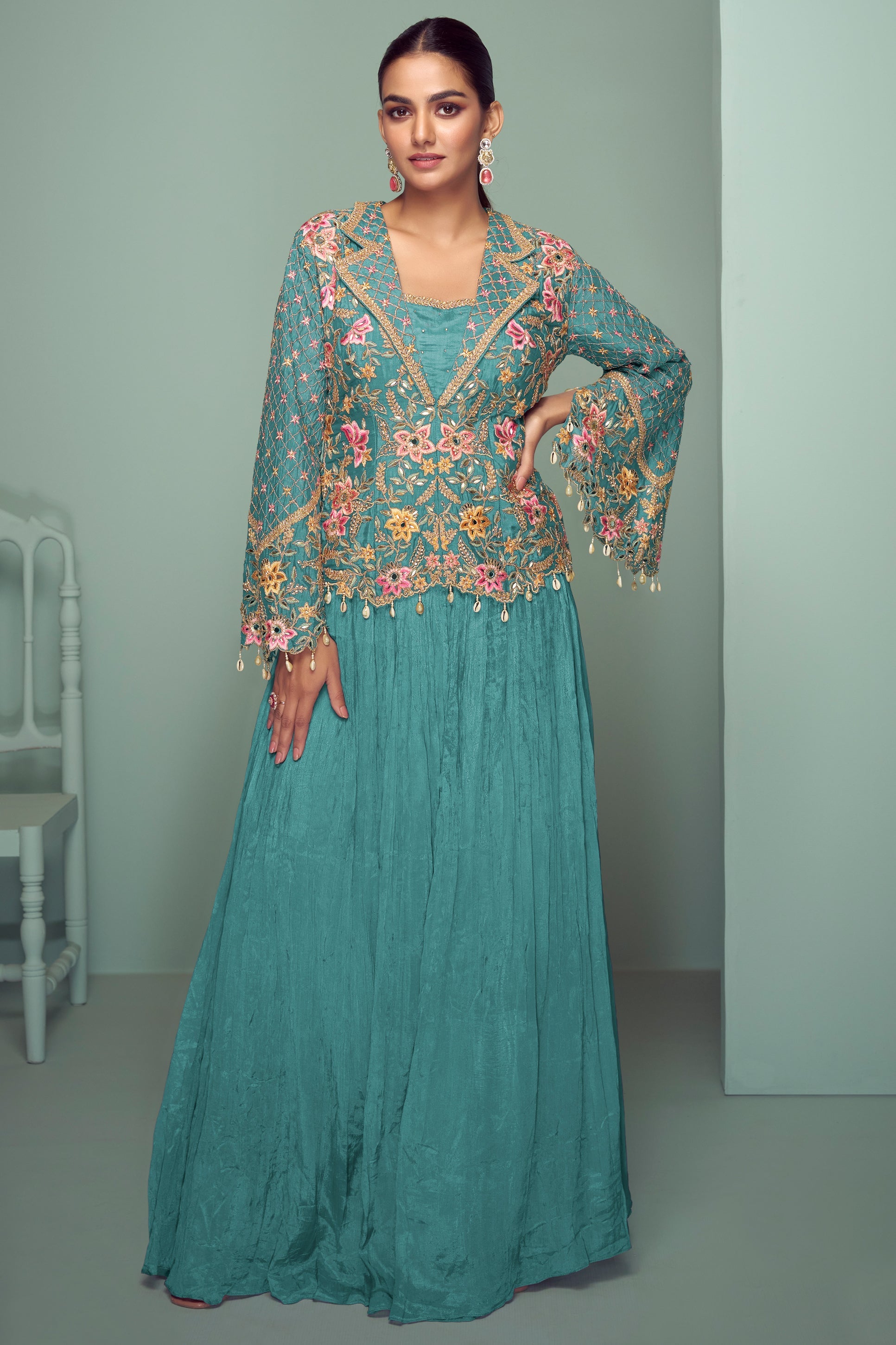 Blue Green Readymade Chinon Silk Skirt Set-SS770_1_SareeButa.com