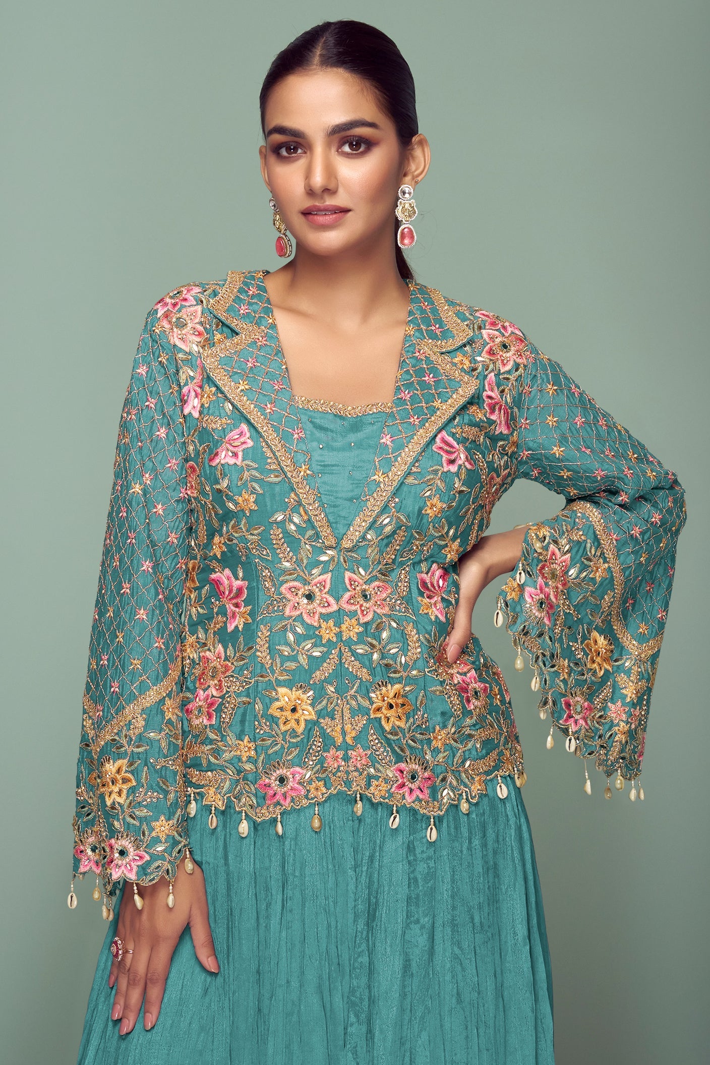 Blue Green Readymade Chinon Silk Skirt Set-SS770_2_SareeButa.com