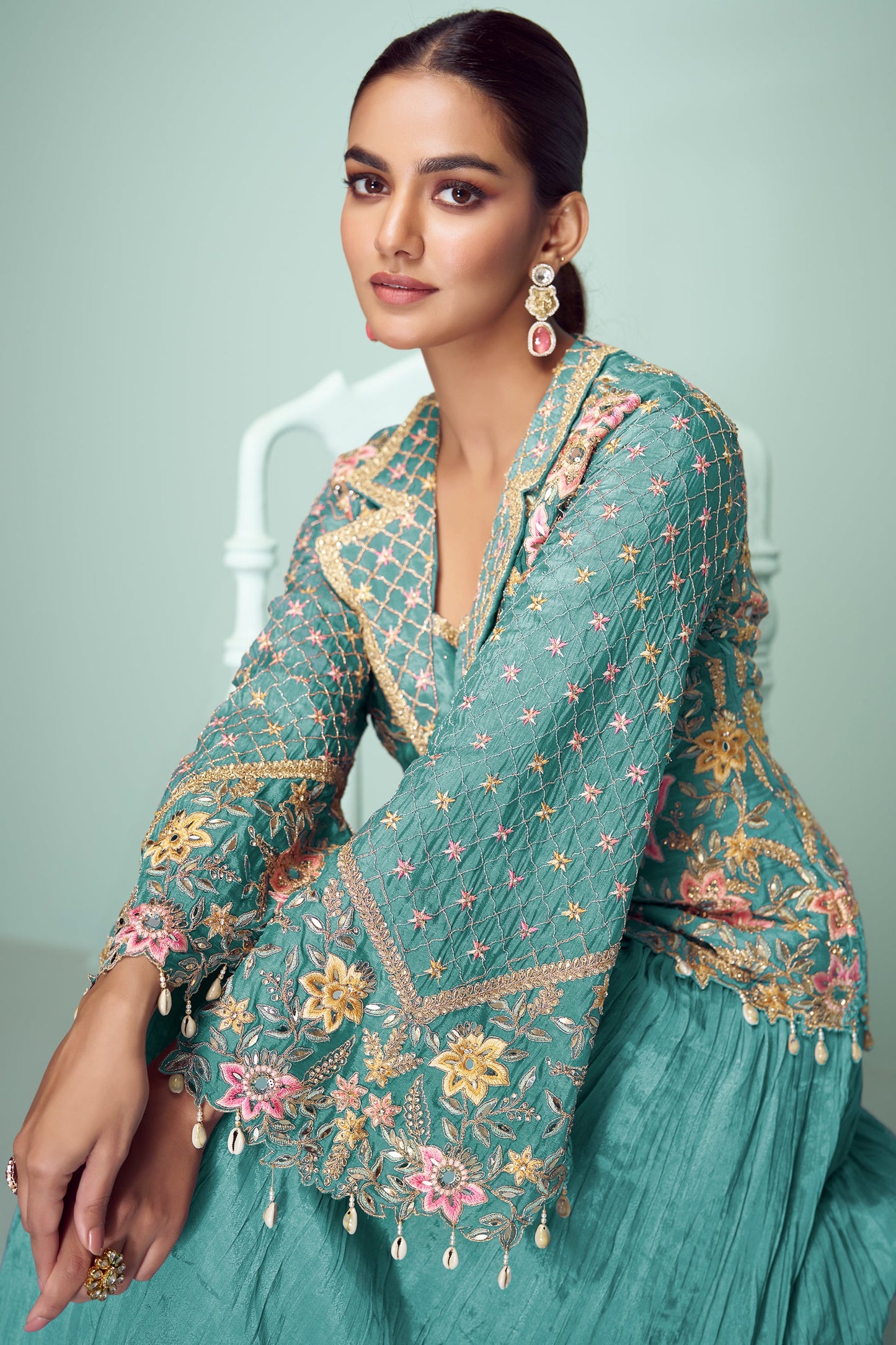 Blue Green Readymade Chinon Silk Skirt Set-SS770_3_SareeButa.com