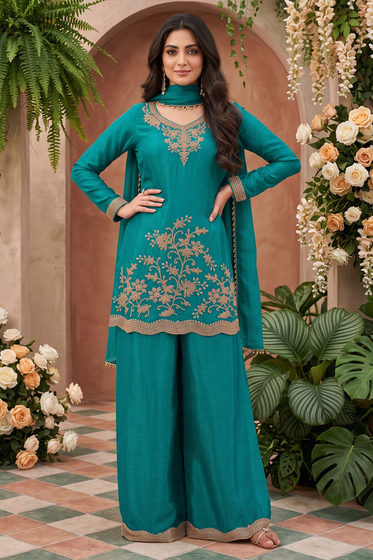 Blue Green Readymade Embroidered Chinon Palazzo Suit-SAR13143_1_SareeButa.com