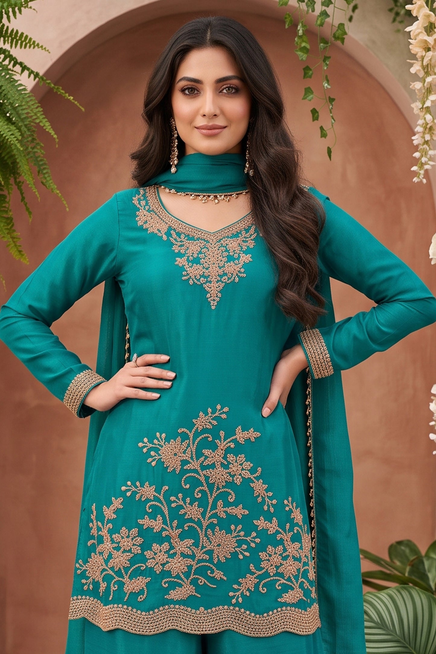 Blue Green Readymade Embroidered Chinon Palazzo Suit-SAR13143_2_SareeButa.com