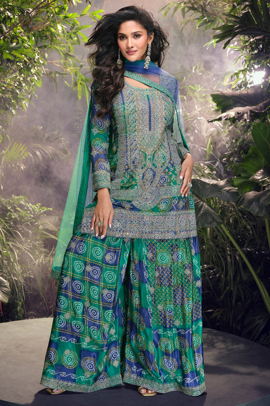 Blue Green Embroidered Chinon Silk Readymade Palazzo Suit-SS422_1_SareeButa.com
