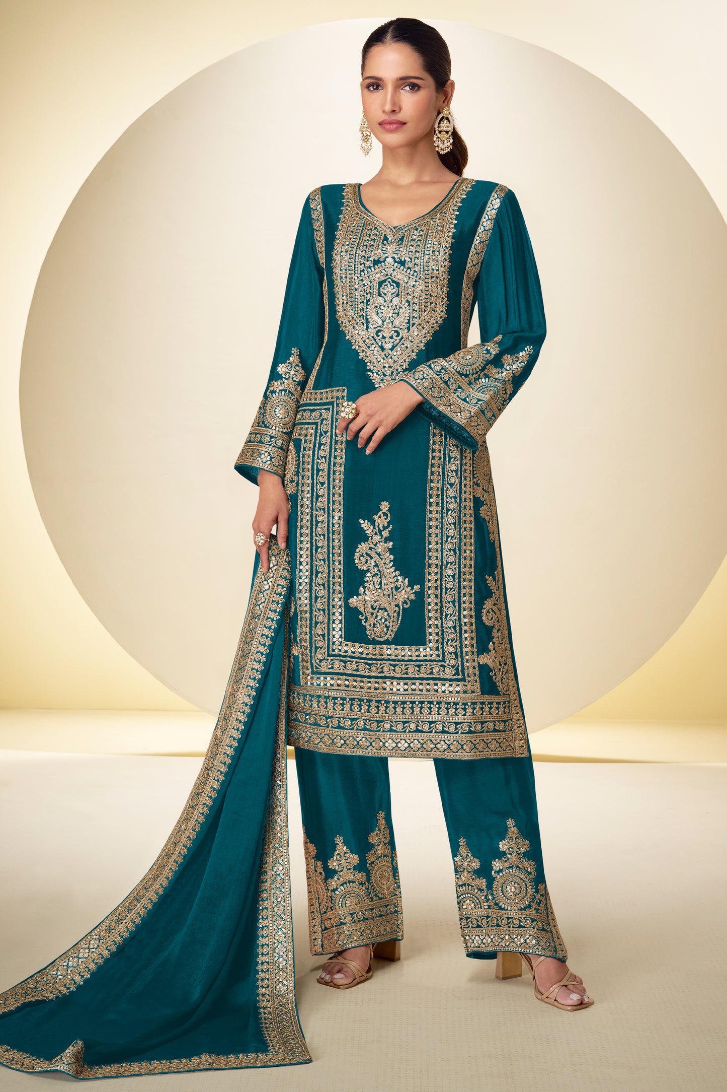 Blue Green Readymade Embroidered Chinon Suit-SAR12222_1_SareeButa.com