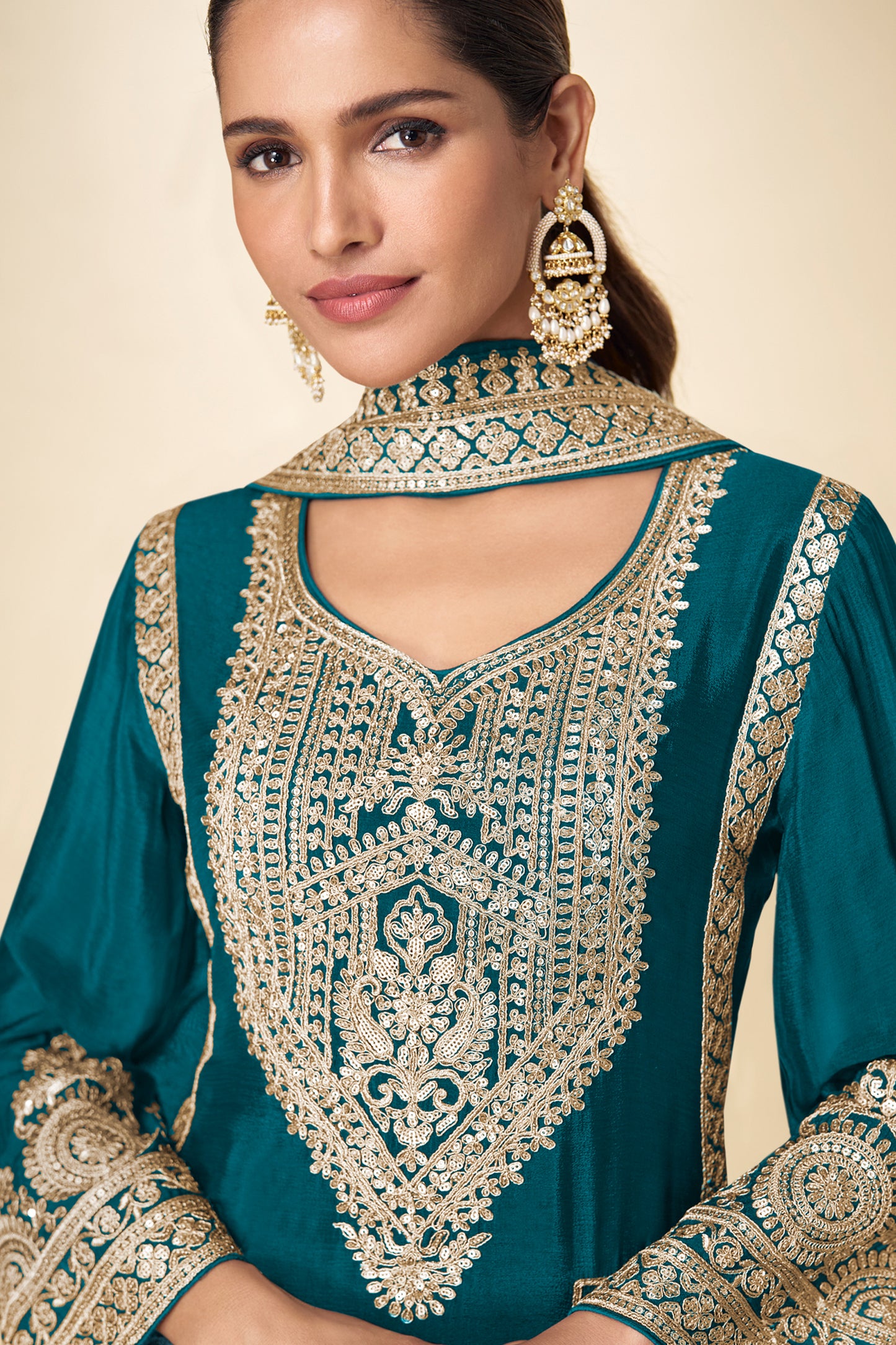Blue Green Readymade Embroidered Chinon Suit-SAR12222_2_SareeButa.com