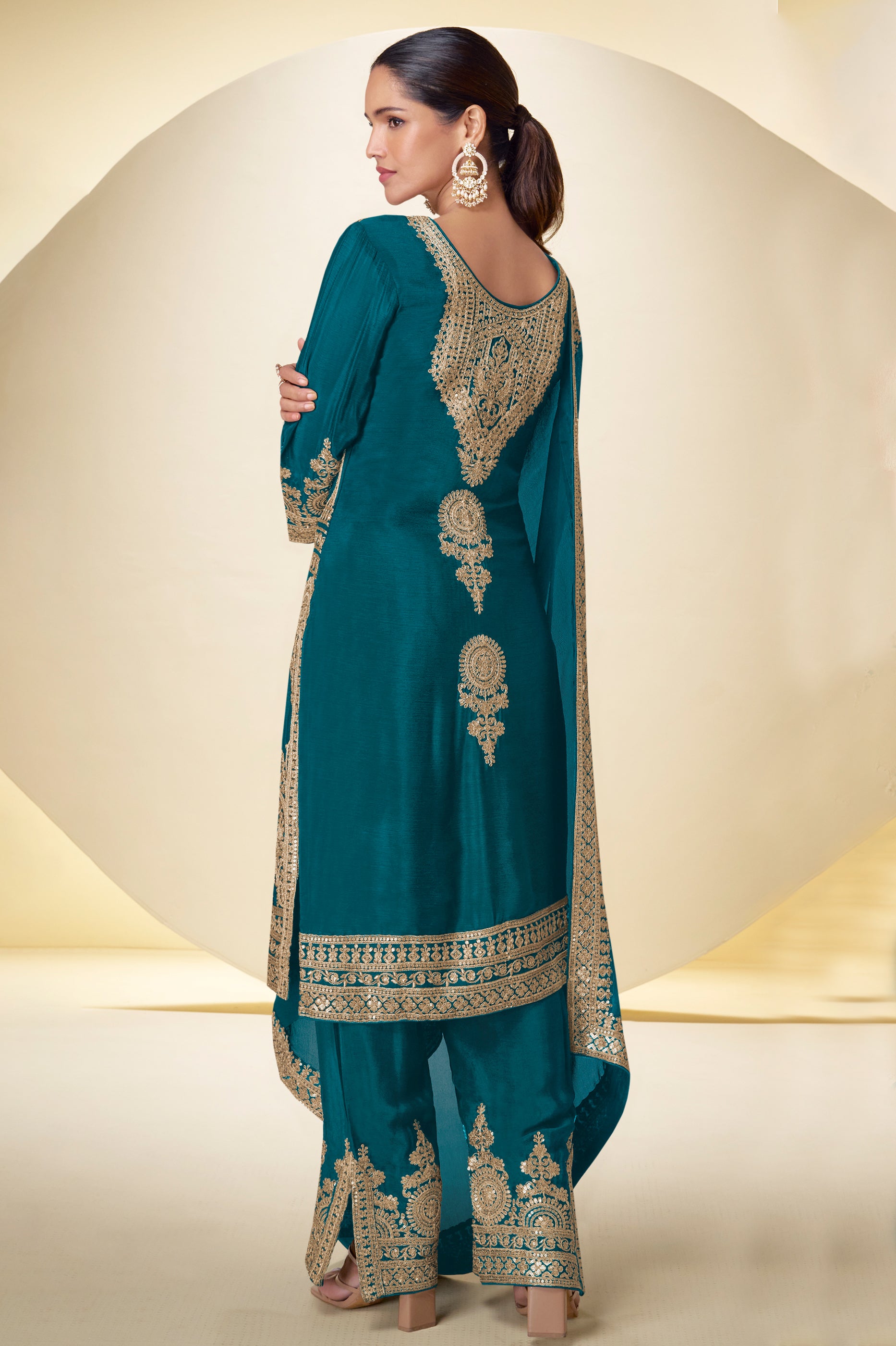 Blue Green Readymade Embroidered Chinon Suit-SAR12222_3_SareeButa.com