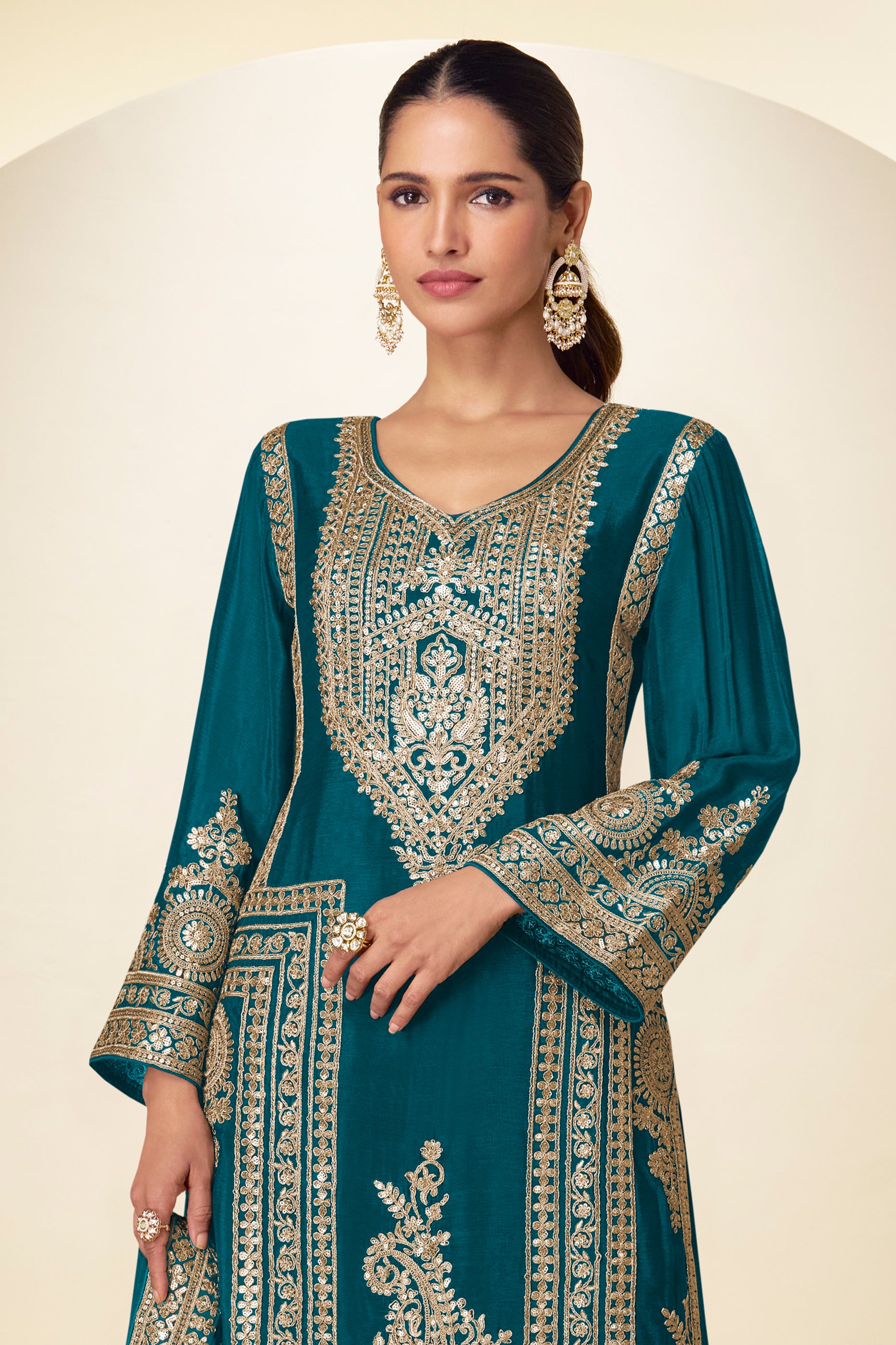 Blue Green Readymade Embroidered Chinon Suit-SAR12222_4_SareeButa.com