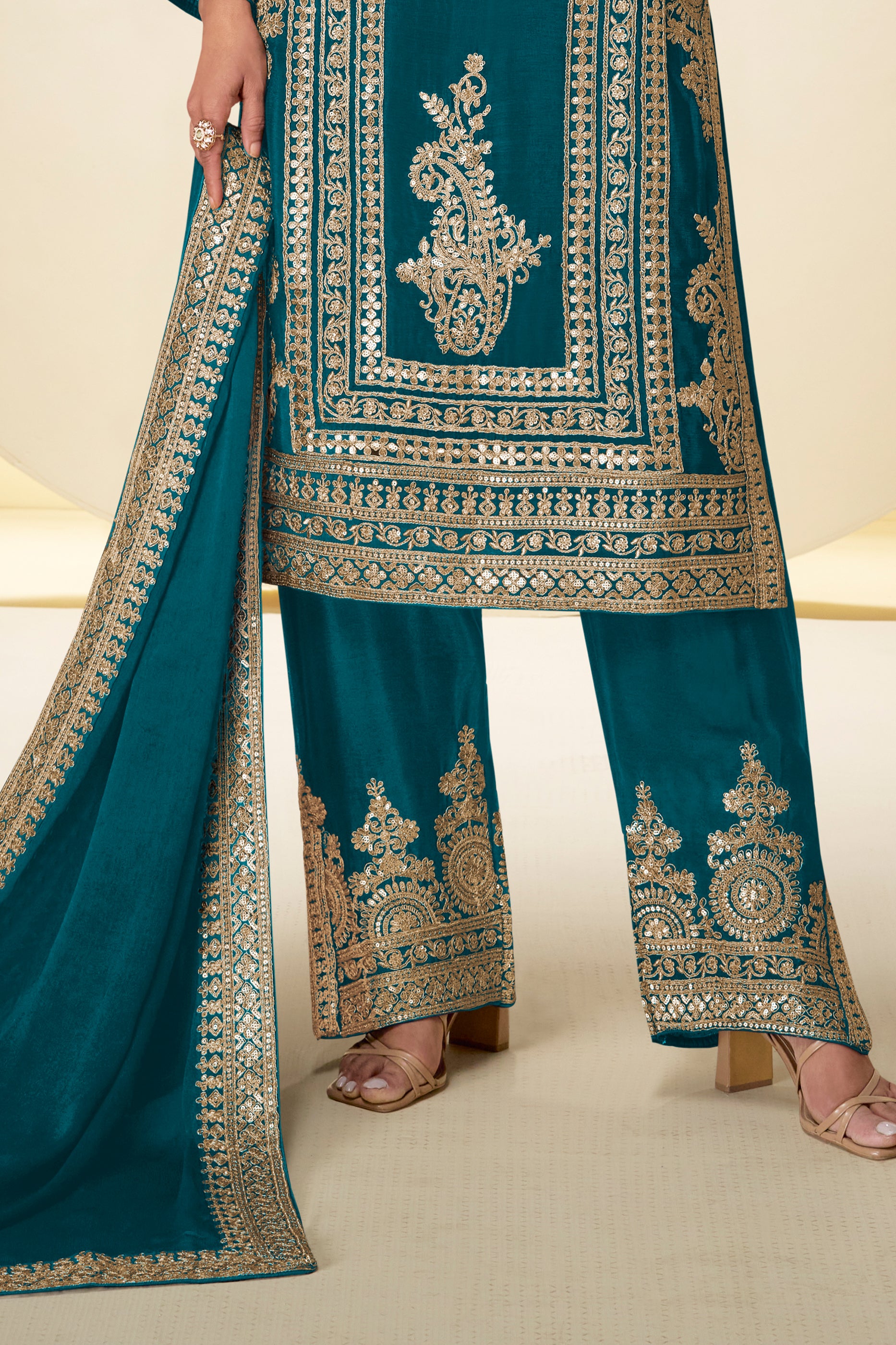 Blue Green Readymade Embroidered Chinon Suit-SAR12222_5_SareeButa.com