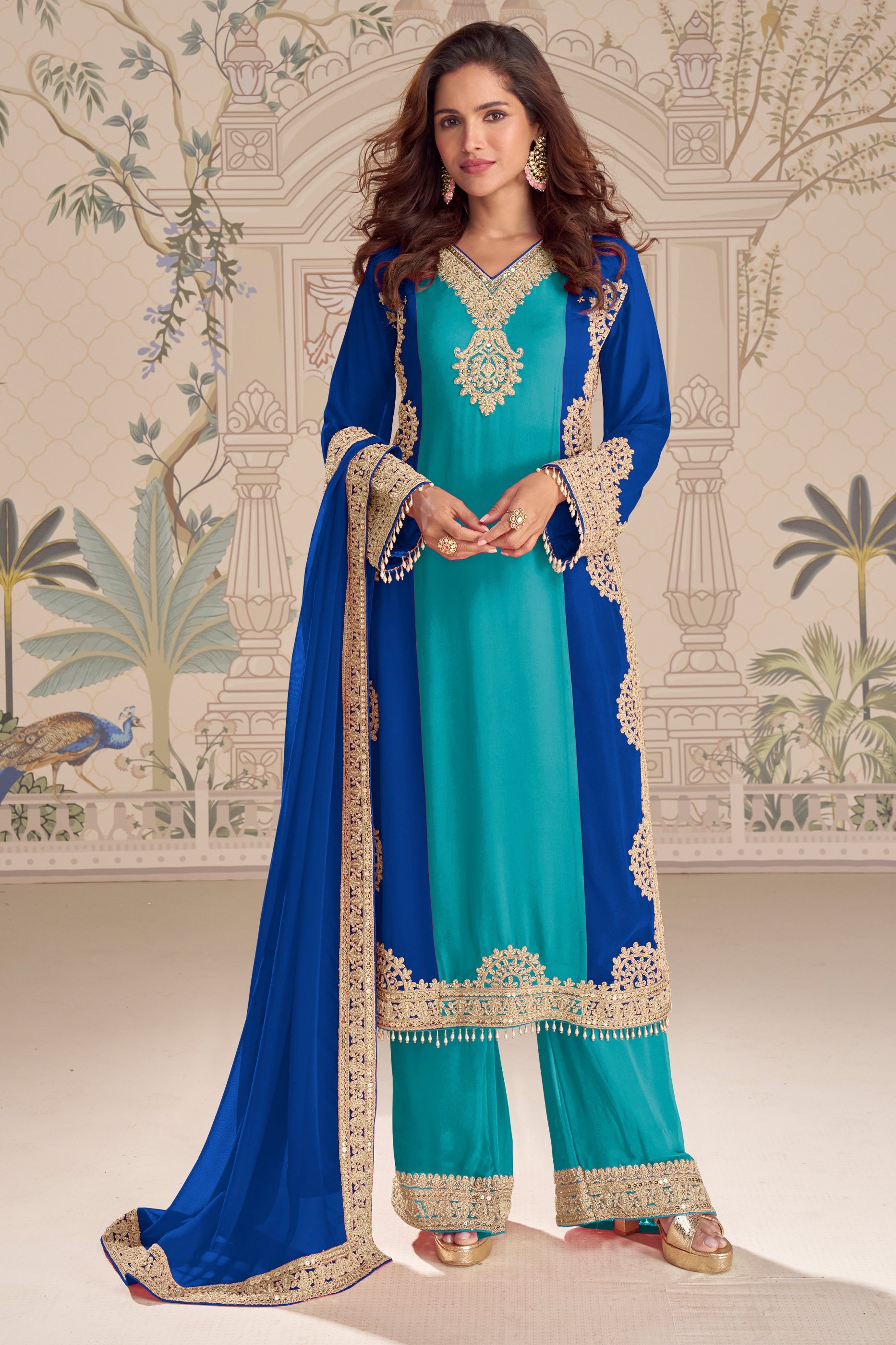 Blue Green Readymade Embroidered Georgette Suit-SAR11963_1_SareeButa.com